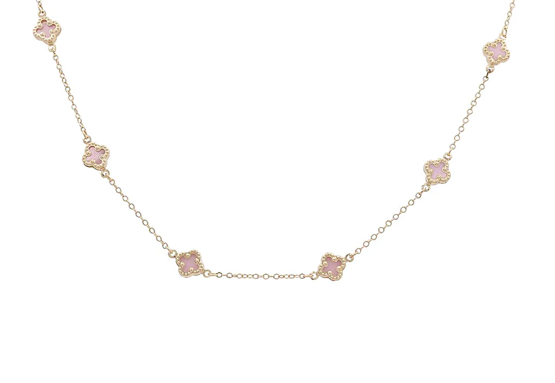 10K Yellow Gold Pink Flowers Necklace