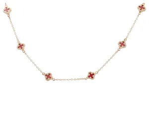 10K Yellow Gold Red Stone Flowers Necklace