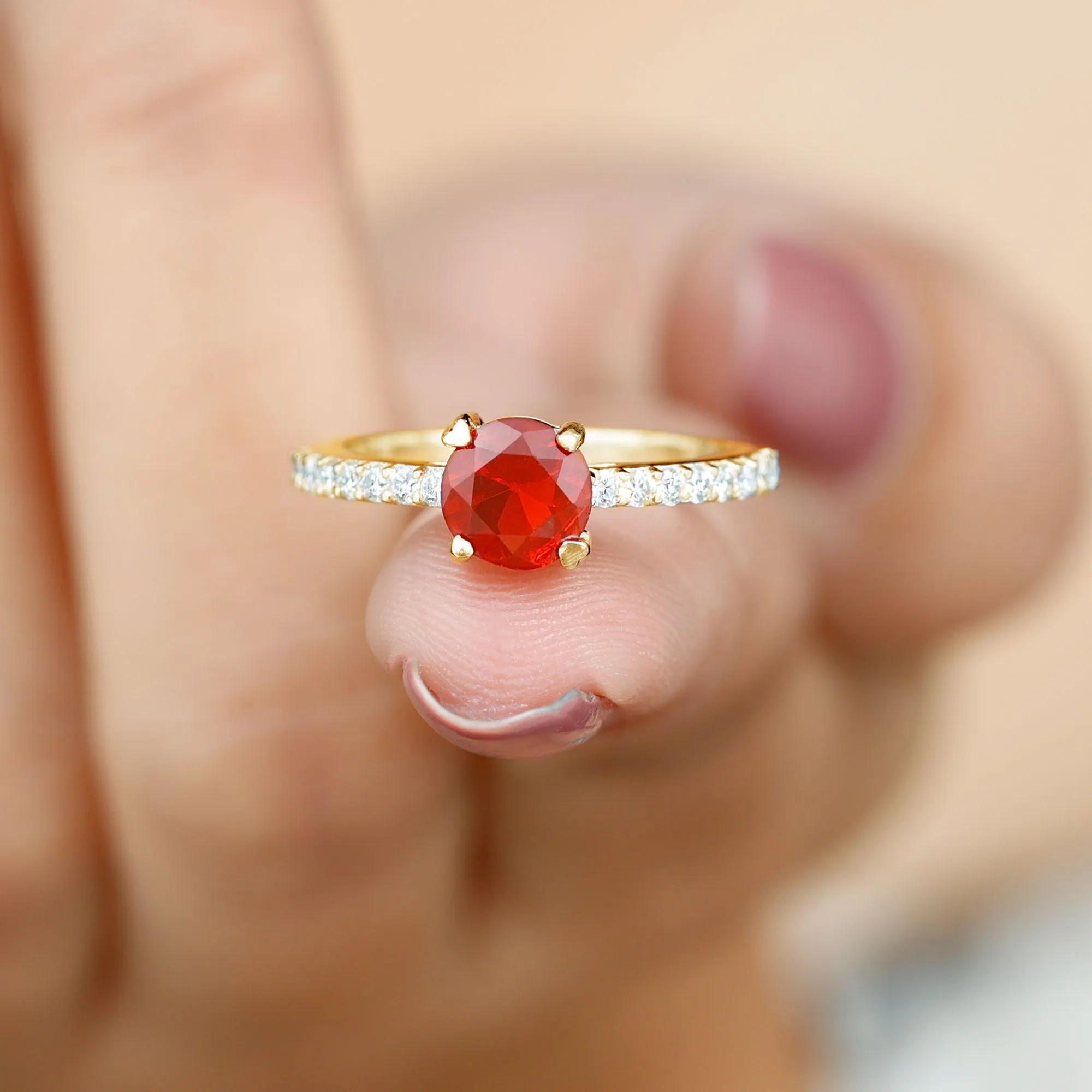 1.25 Ct Designer Fire Opal Solitaire Promise Ring with Diamond