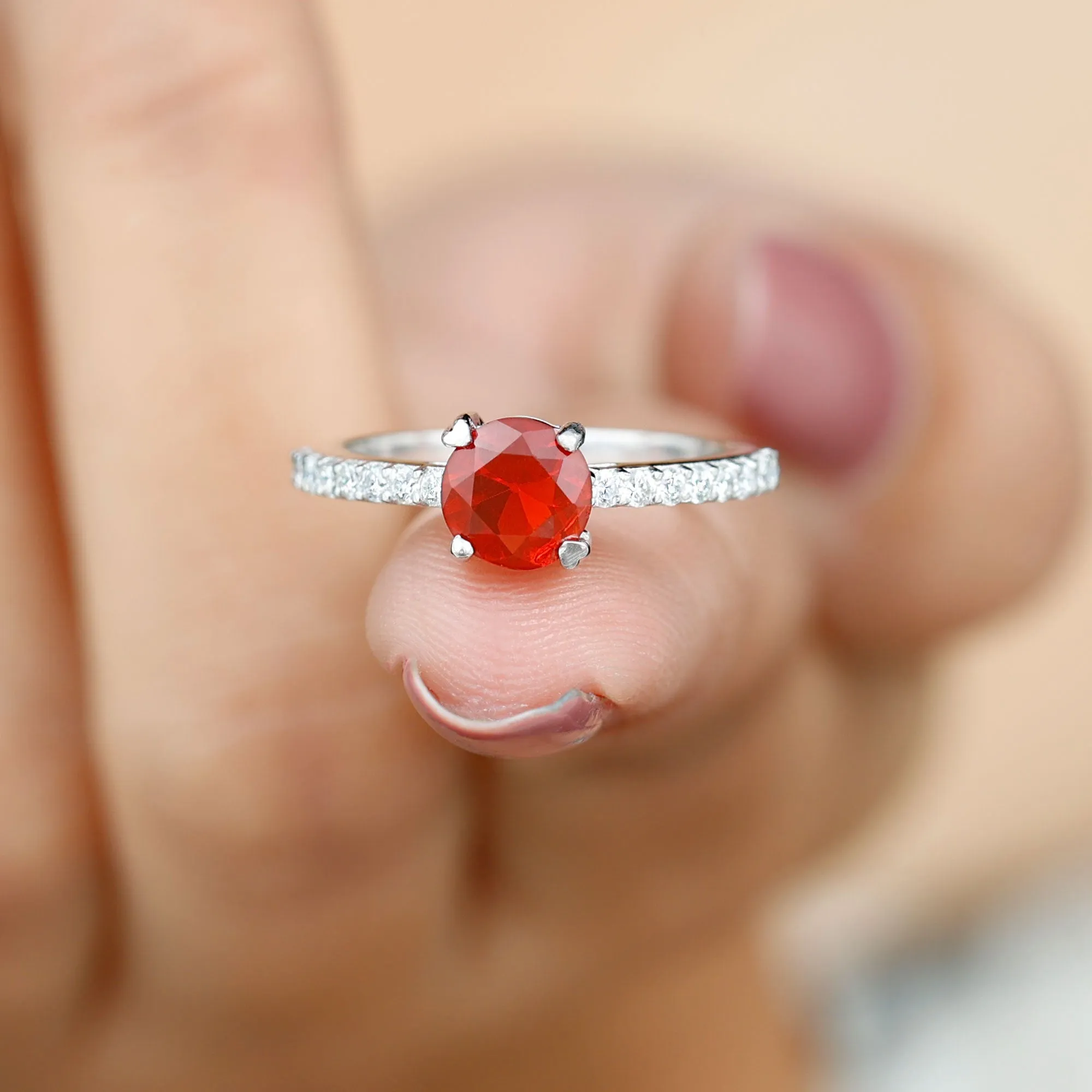 1.25 Ct Designer Fire Opal Solitaire Promise Ring with Diamond