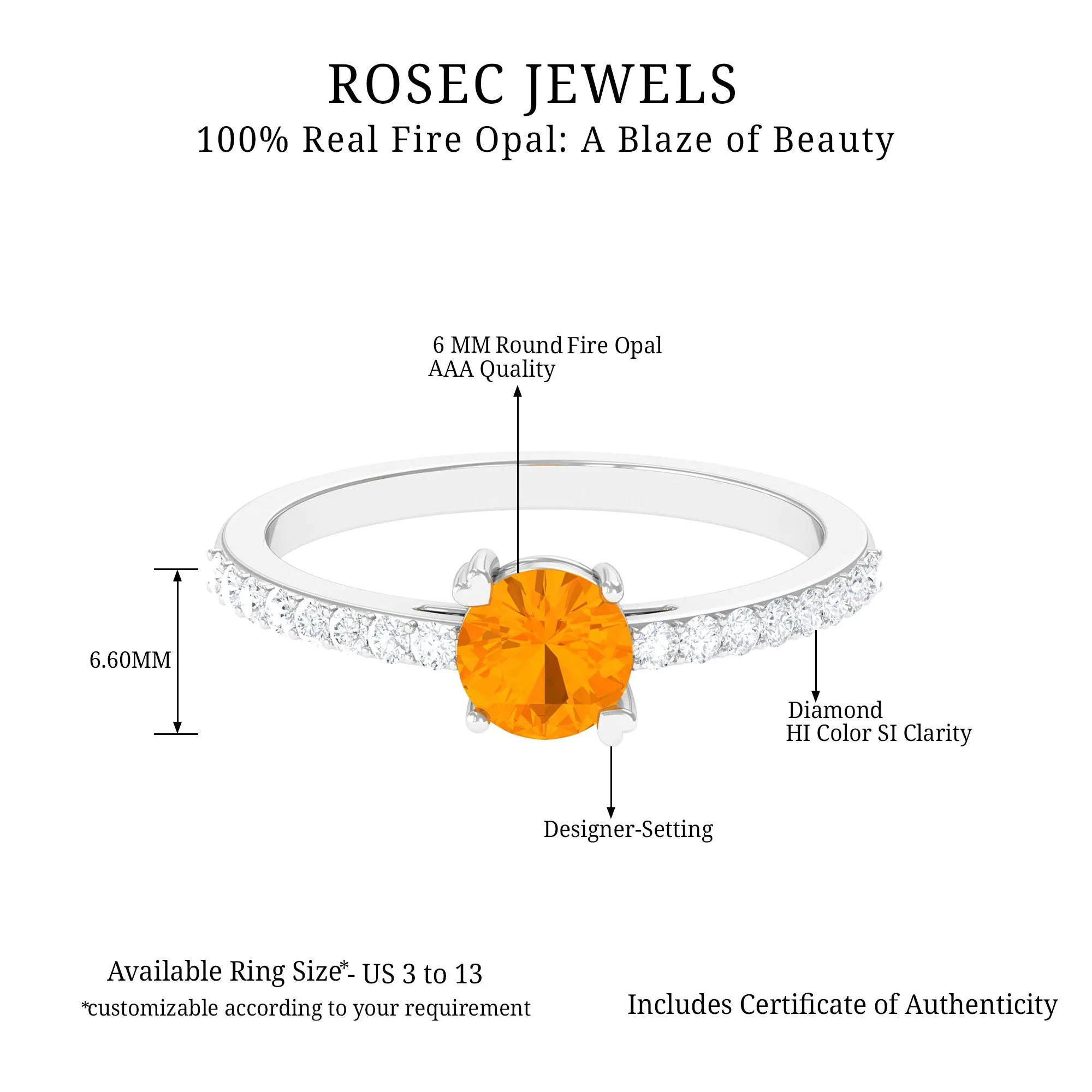 1.25 Ct Designer Fire Opal Solitaire Promise Ring with Diamond