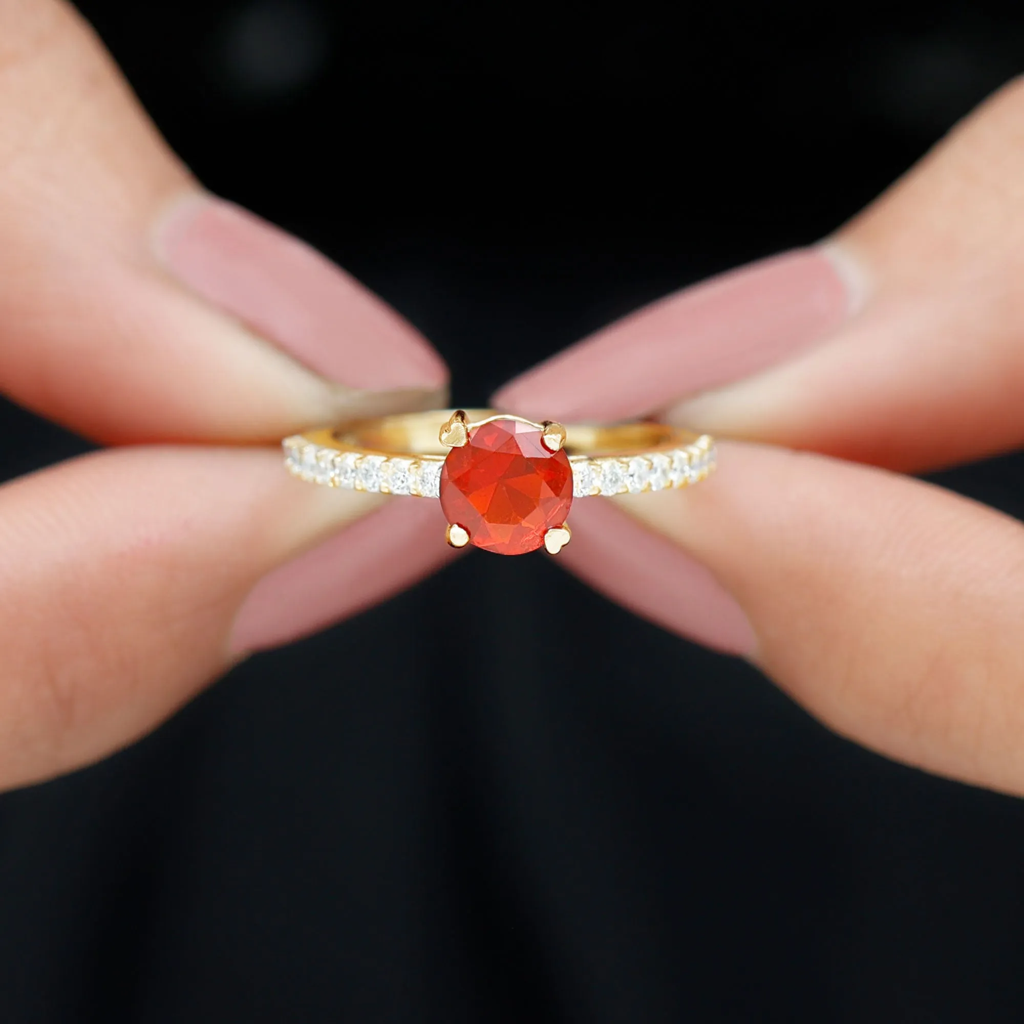 1.25 Ct Designer Fire Opal Solitaire Promise Ring with Diamond