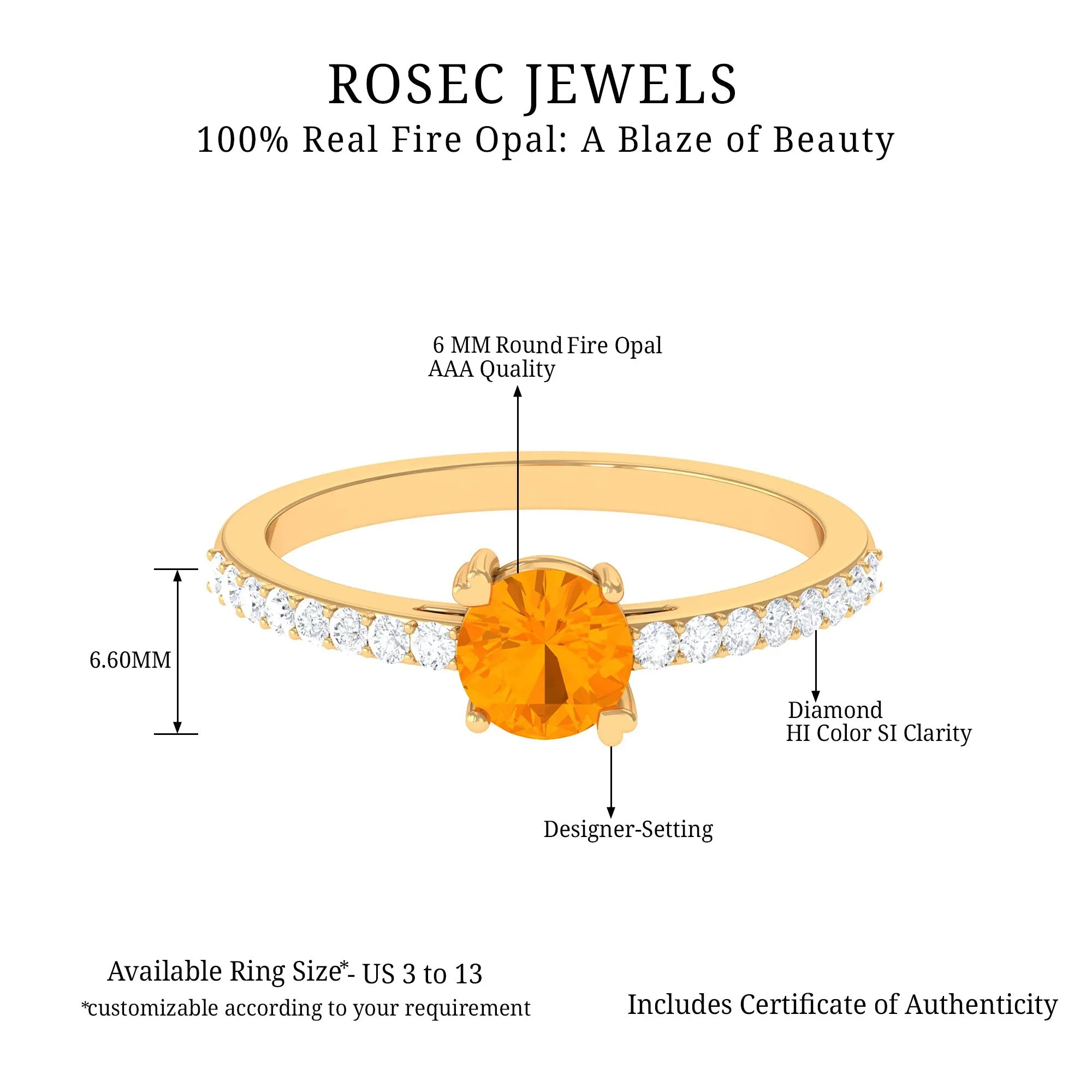 1.25 Ct Designer Fire Opal Solitaire Promise Ring with Diamond