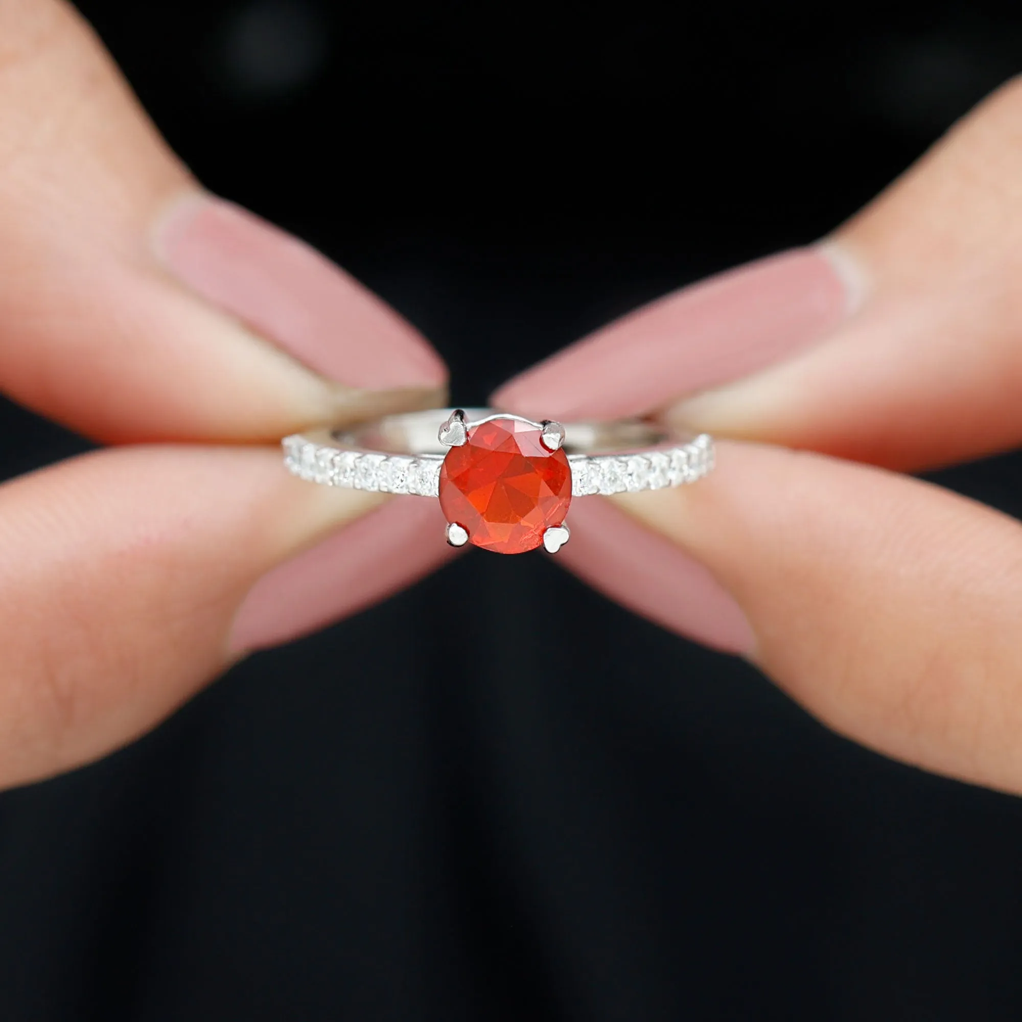 1.25 Ct Designer Fire Opal Solitaire Promise Ring with Diamond