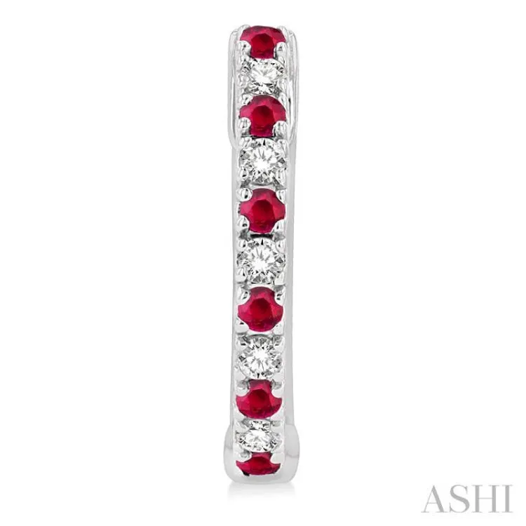 1.35 MM Round Shape Ruby and 1/10 ctw Round Cut Diamond Petite Precious Fashion Huggies in 10K White Gold