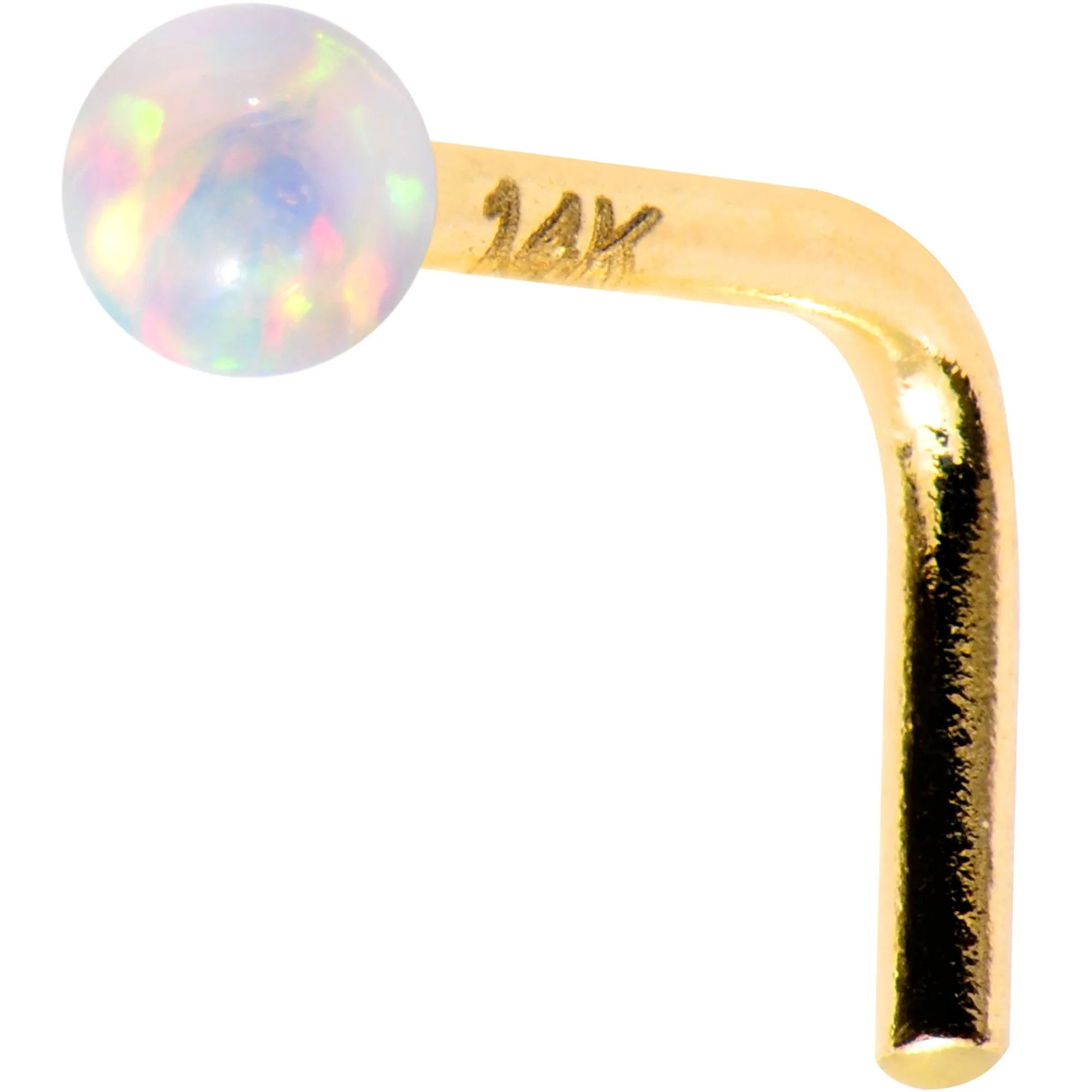 1/4 14kt Yellow Gold White 2mm Synthetic Opal Ball L Shaped Nose Ring