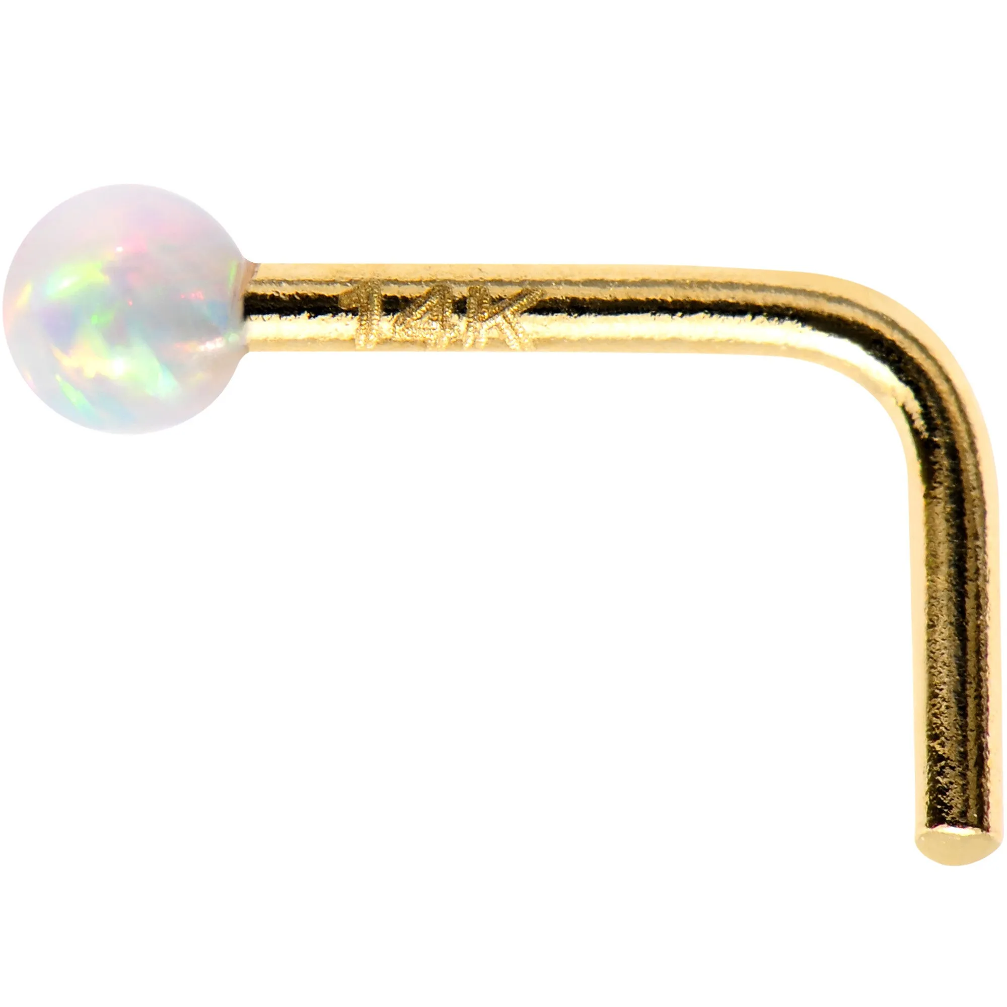 1/4 14kt Yellow Gold White 2mm Synthetic Opal Ball L Shaped Nose Ring
