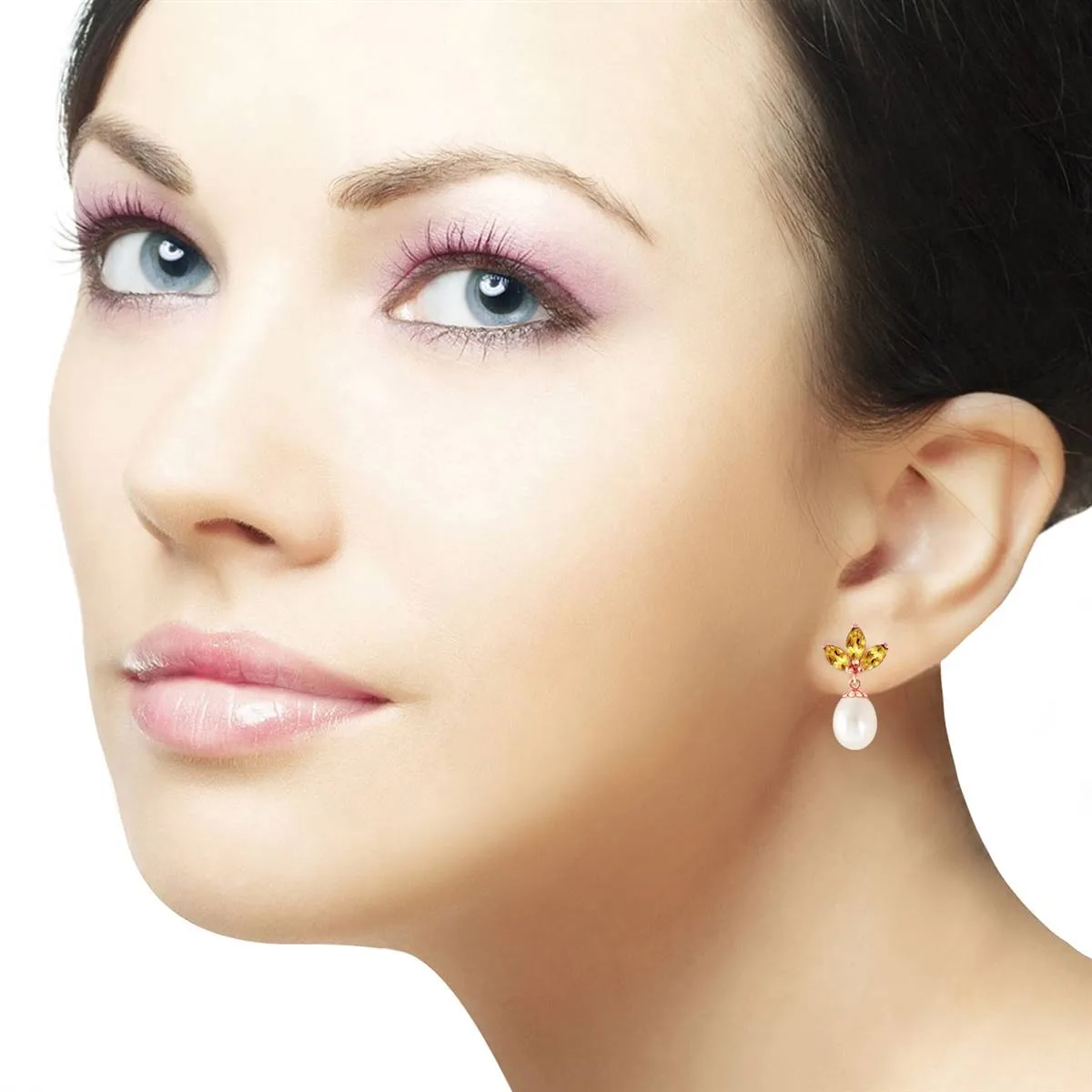 14K Solid Rose Gold Dangling Earrings w/ Pearls & Citrine