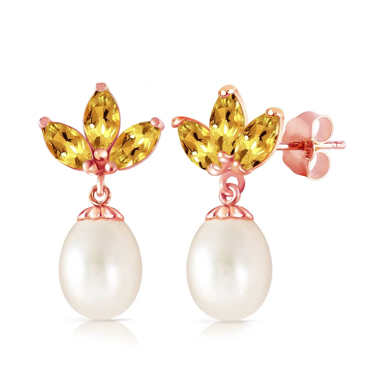 14K Solid Rose Gold Dangling Earrings w/ Pearls & Citrine