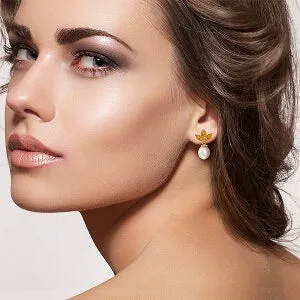 14K Solid Rose Gold Dangling Earrings w/ Pearls & Citrine