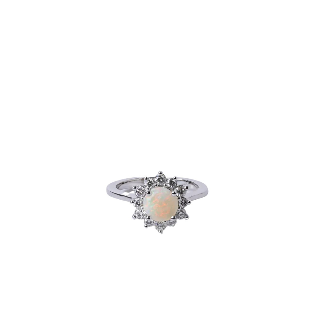 14k White Gold Opal and Diamond Halo Ring