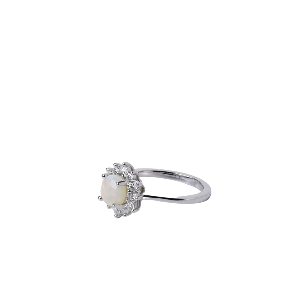 14k White Gold Opal and Diamond Halo Ring