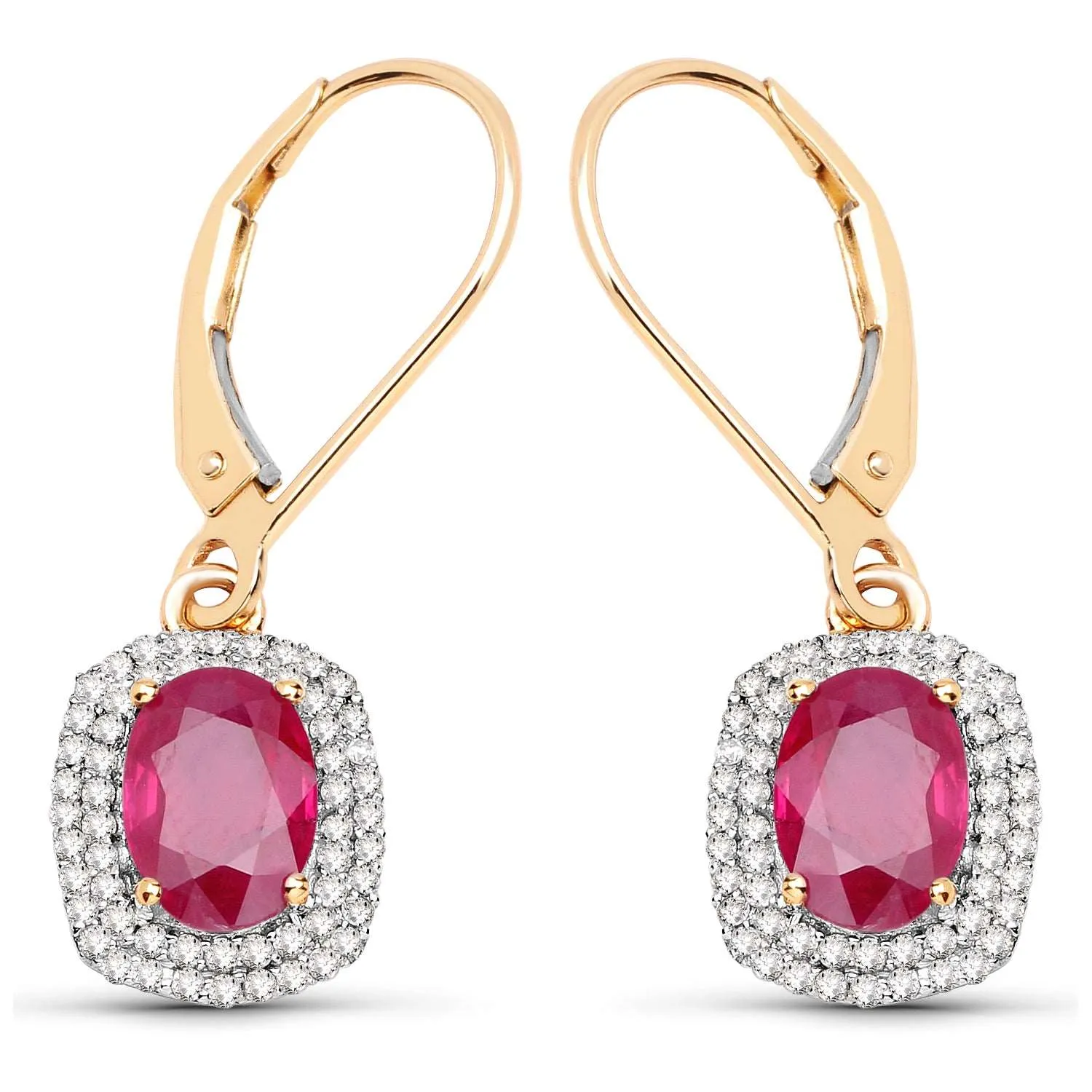 14K Yellow Gold 2.26 Carat Genuine Ruby and White Diamond Earrings
