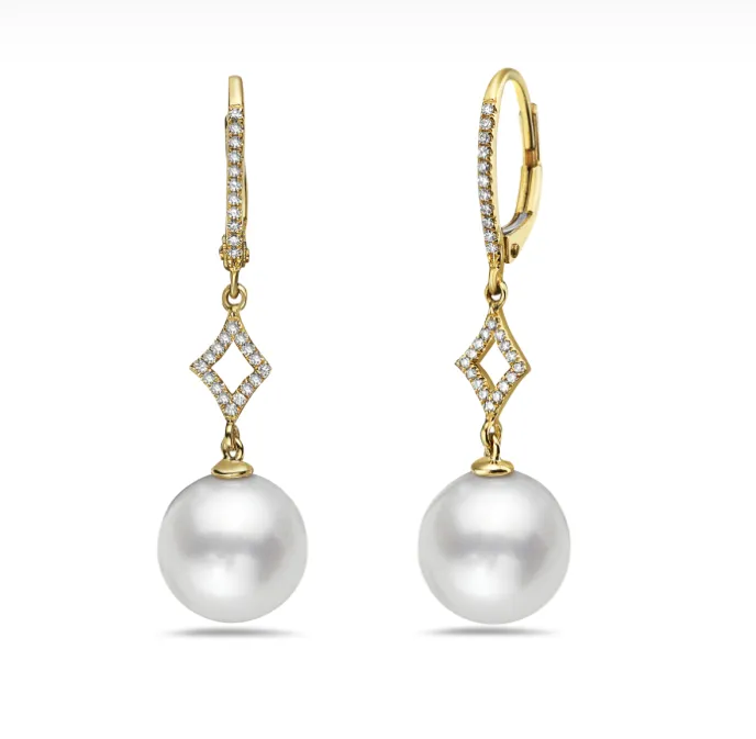 14k Yellow Gold Diamond & Freshwater Pearl Drop Earrings (I8424)