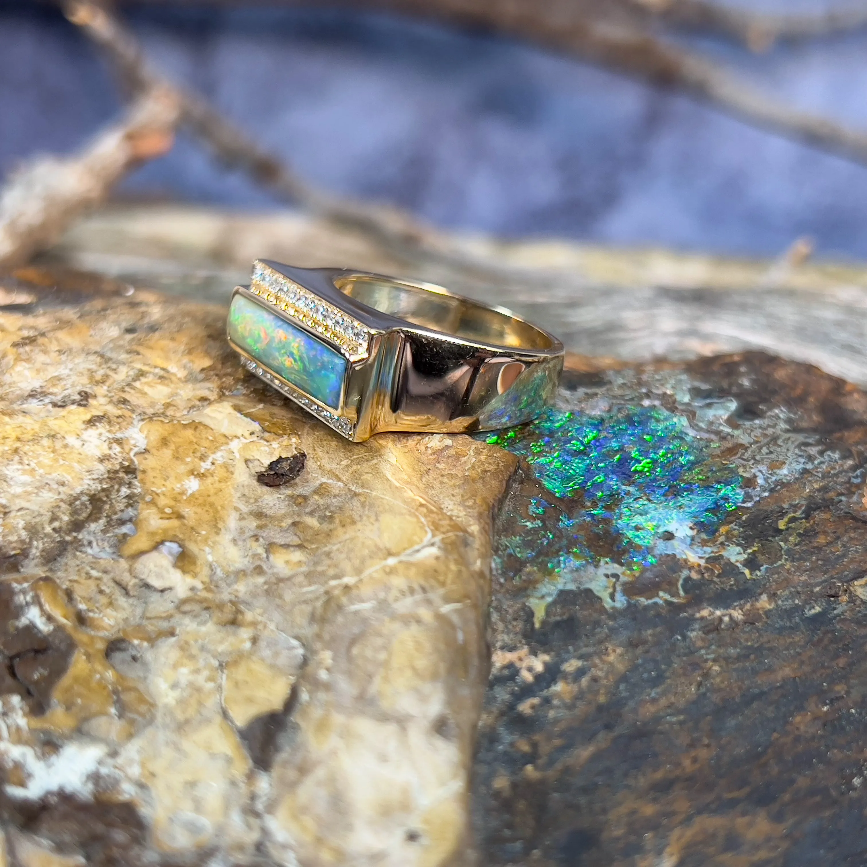 14kt Yellow Gold Boulder Opal 2.13ct and 0.25ct Diamond ring