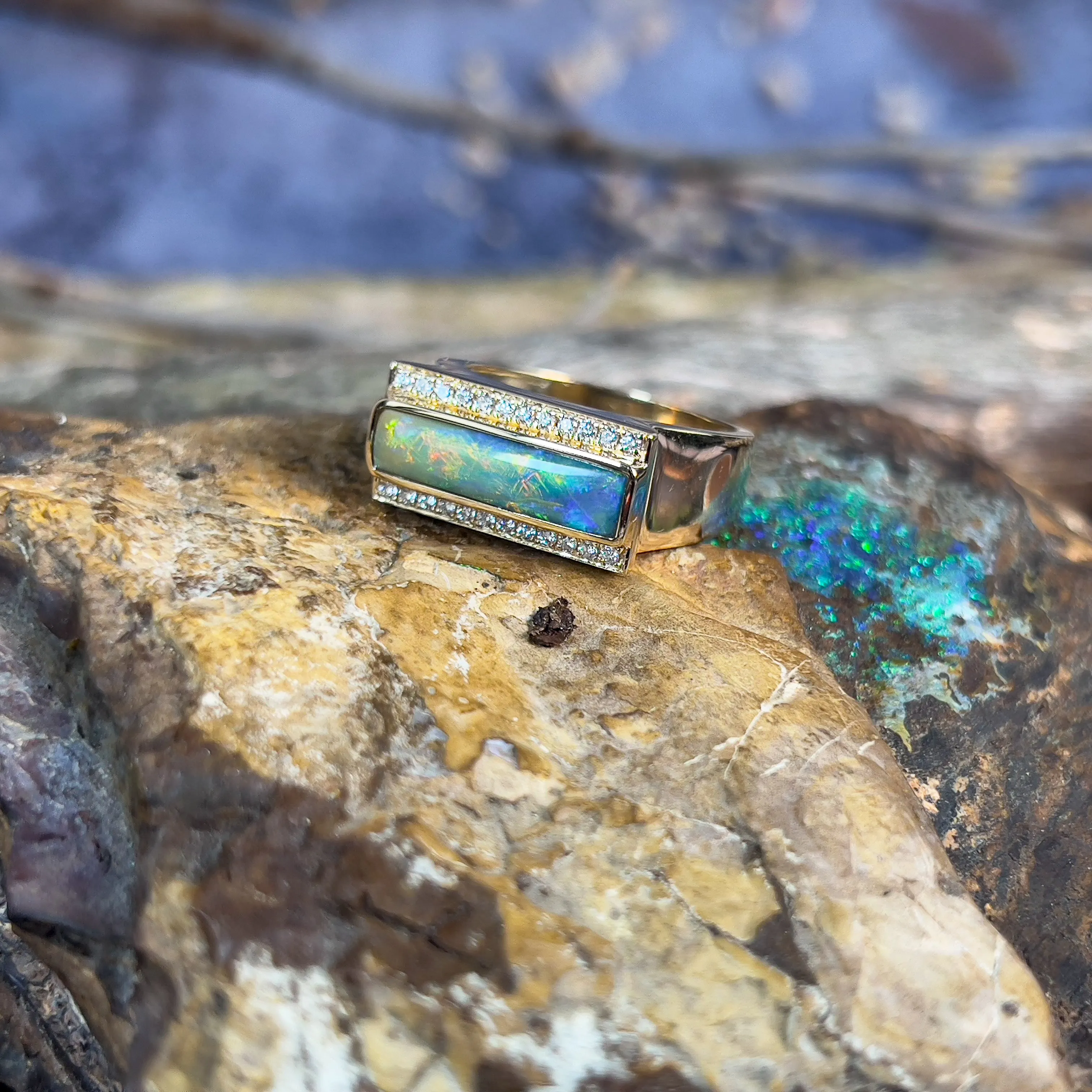 14kt Yellow Gold Boulder Opal 2.13ct and 0.25ct Diamond ring