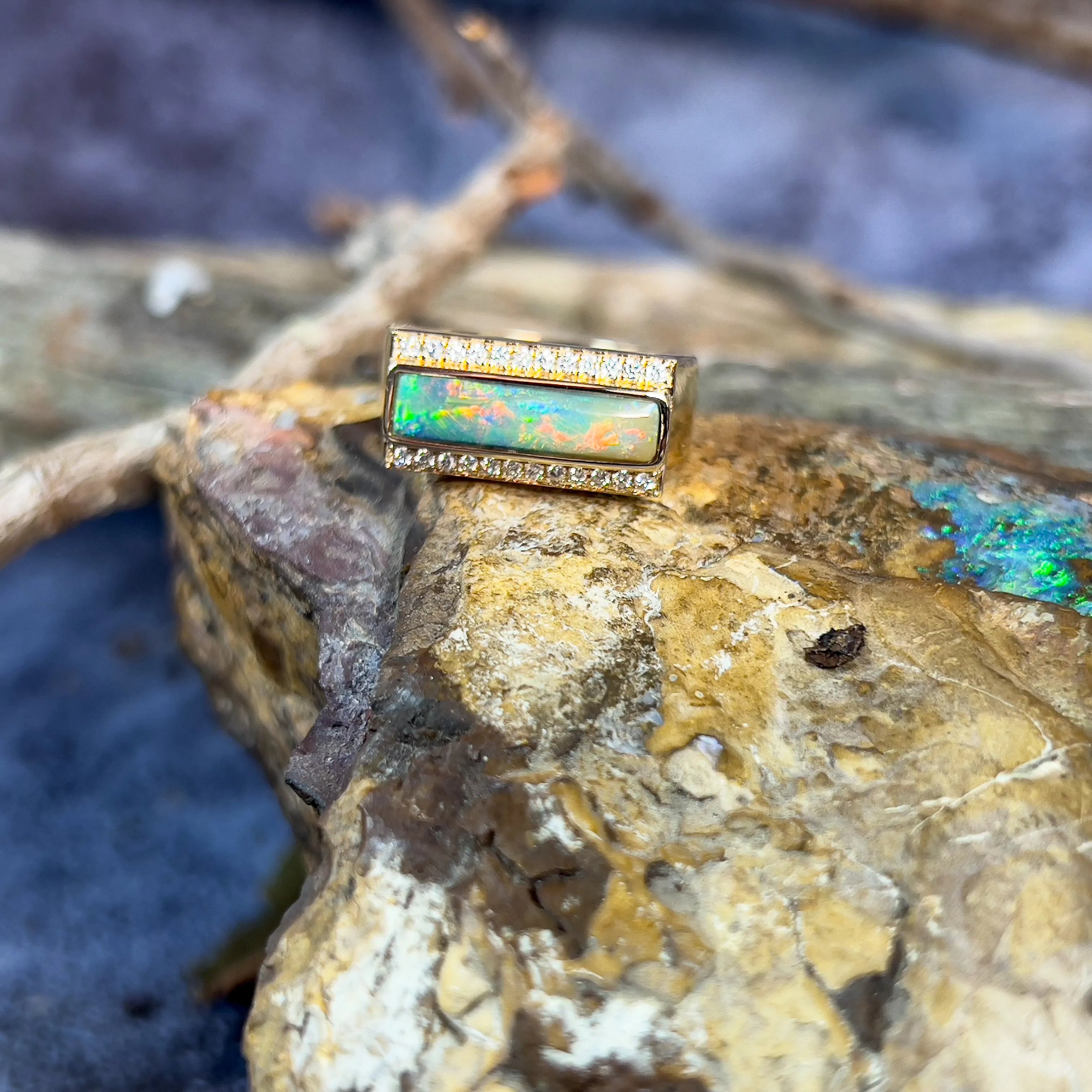 14kt Yellow Gold Boulder Opal 2.13ct and 0.25ct Diamond ring