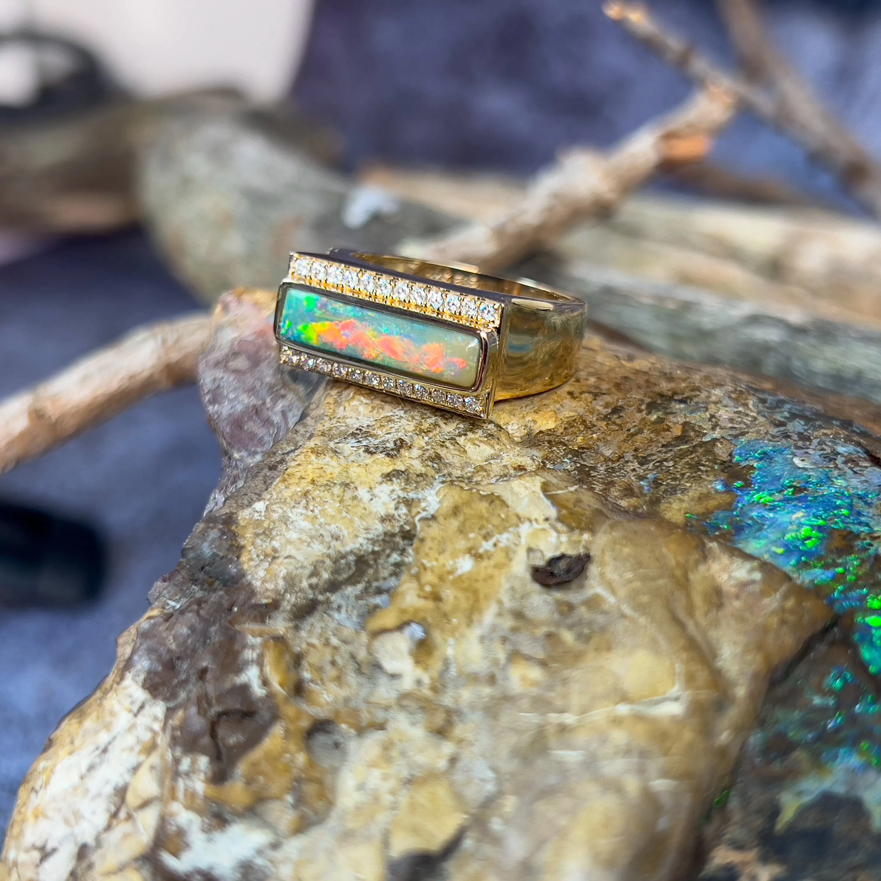 14kt Yellow Gold Boulder Opal 2.13ct and 0.25ct Diamond ring