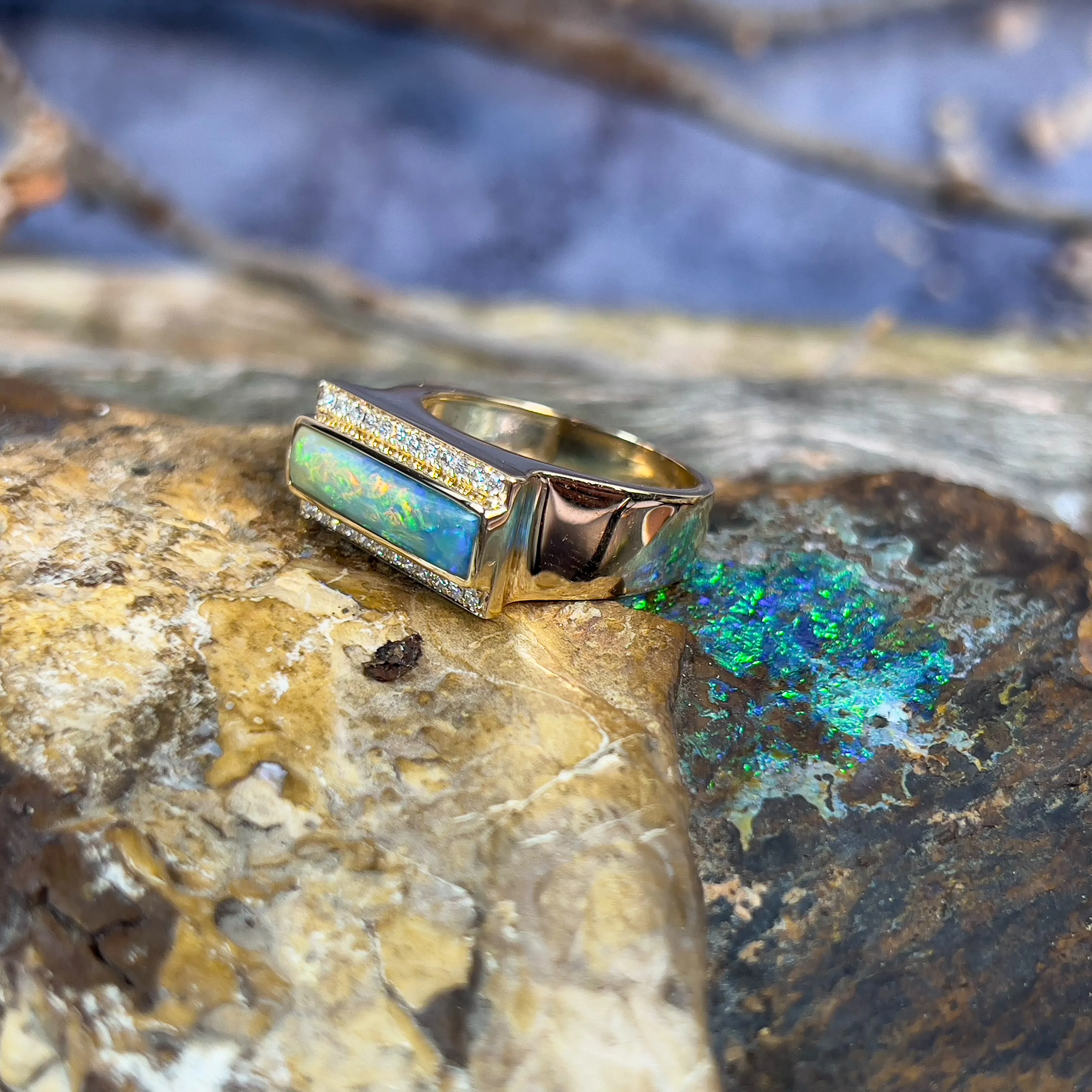 14kt Yellow Gold Boulder Opal 2.13ct and 0.25ct Diamond ring