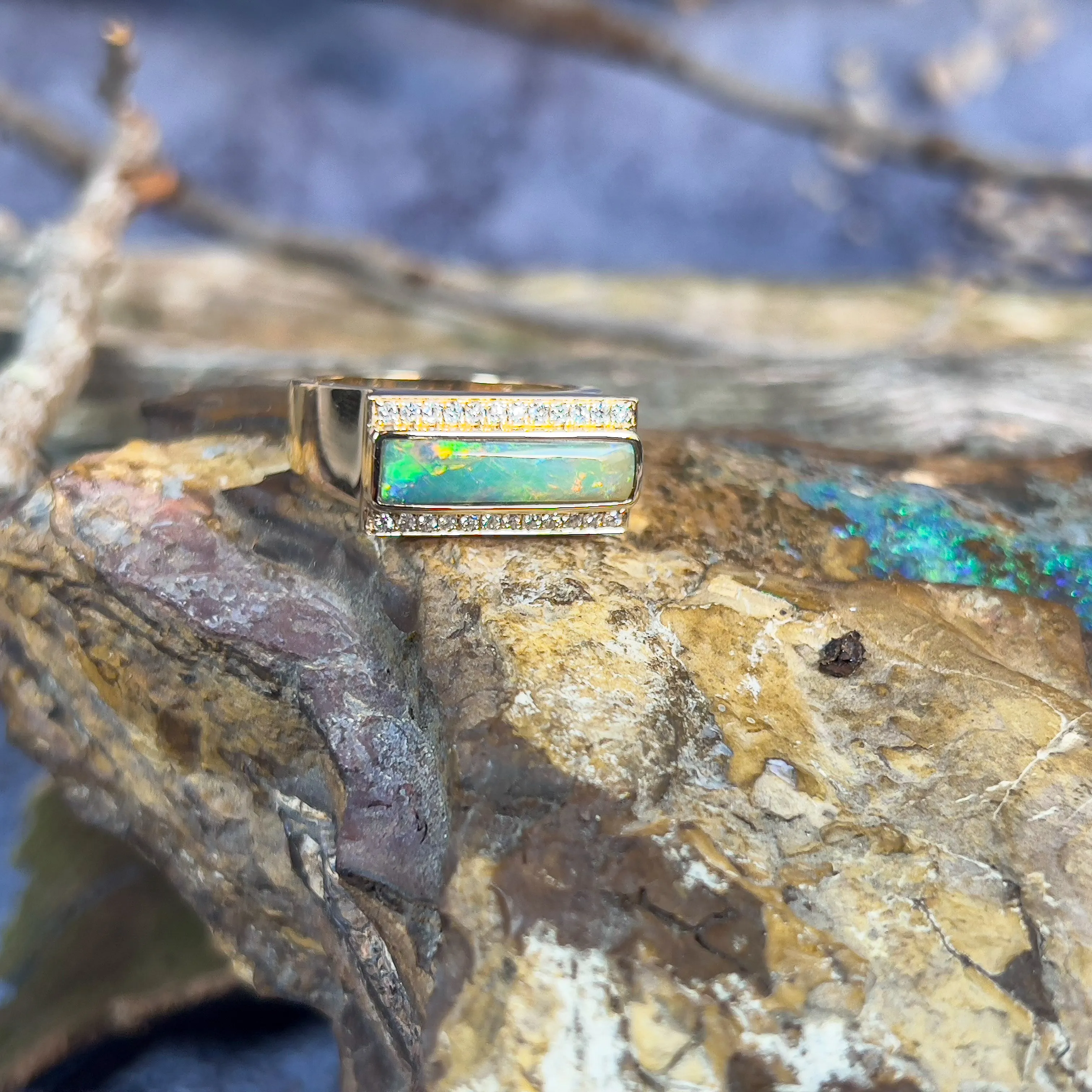 14kt Yellow Gold Boulder Opal 2.13ct and 0.25ct Diamond ring