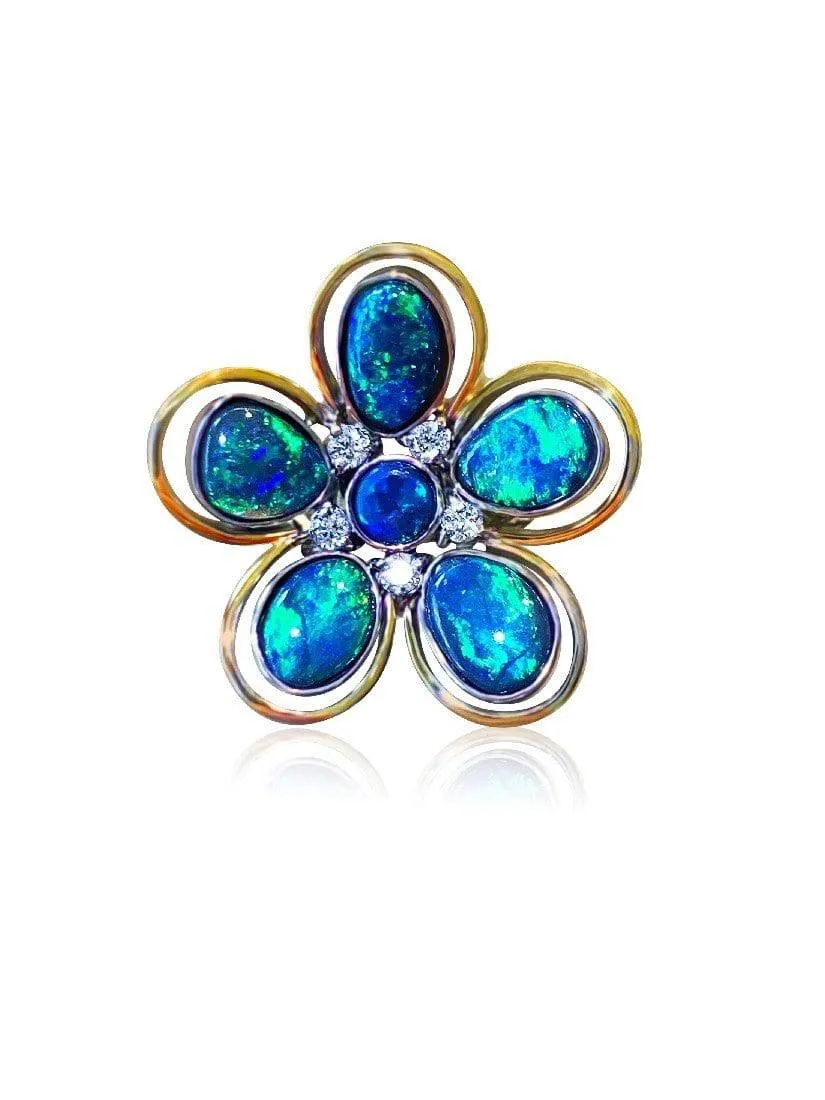 18kt Yellow and White Gold Black Opal floral designer ring