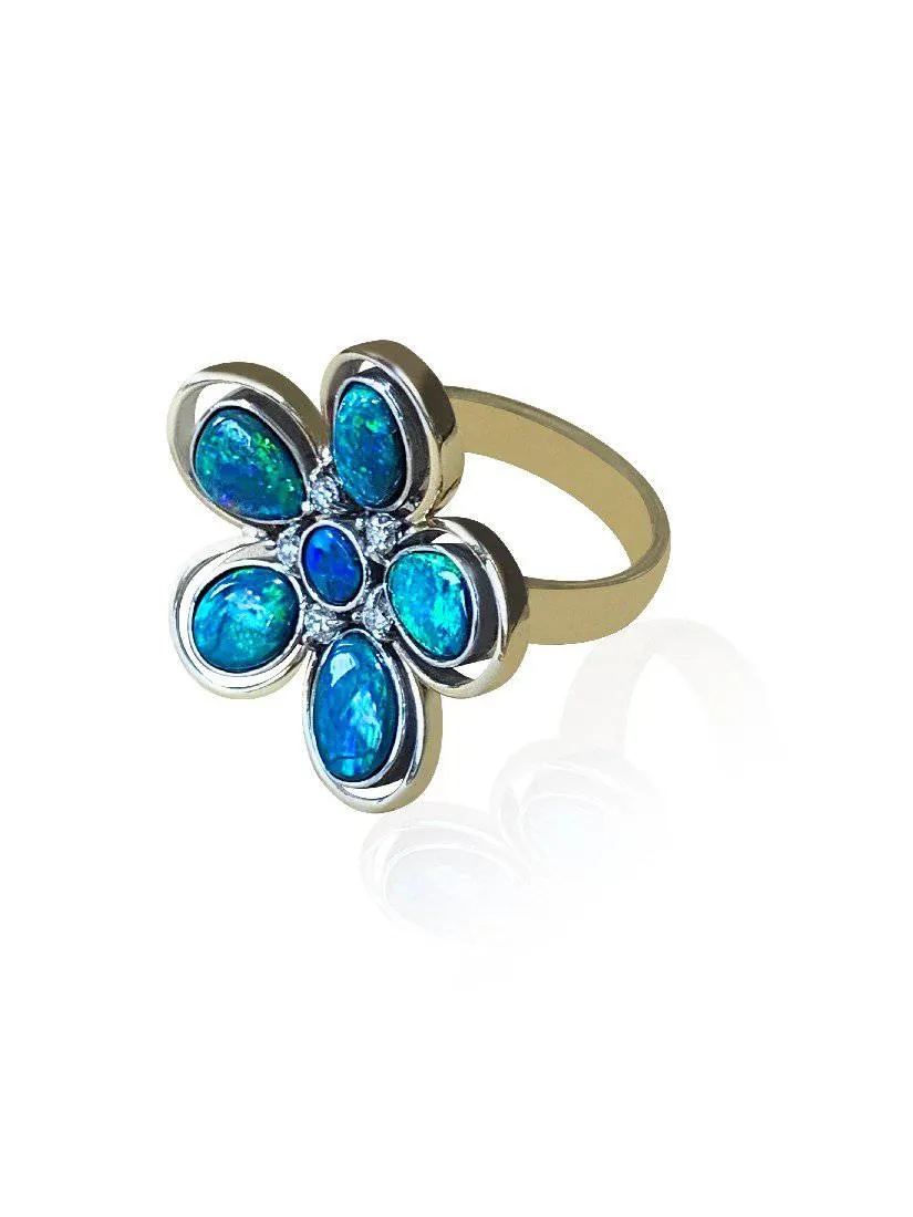 18kt Yellow and White Gold Black Opal floral designer ring