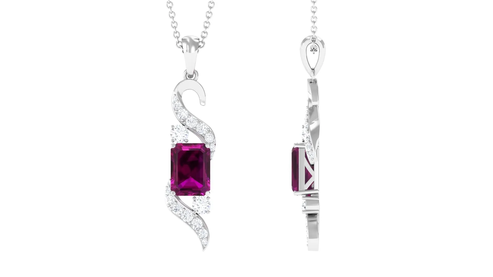 2.75 CT Emerald Cut Rhodolite Designer Drop Pendant with Diamond