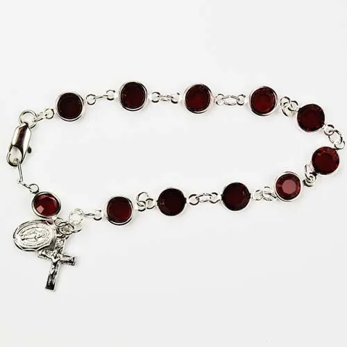 7 1/2" DARK AMETHYST CRYSTAL ONE DECADE ROSARY BEADS BRACELET WITH CRUCIFIX AND MIRACULOUS MEDAL CHARMS - YOUTH