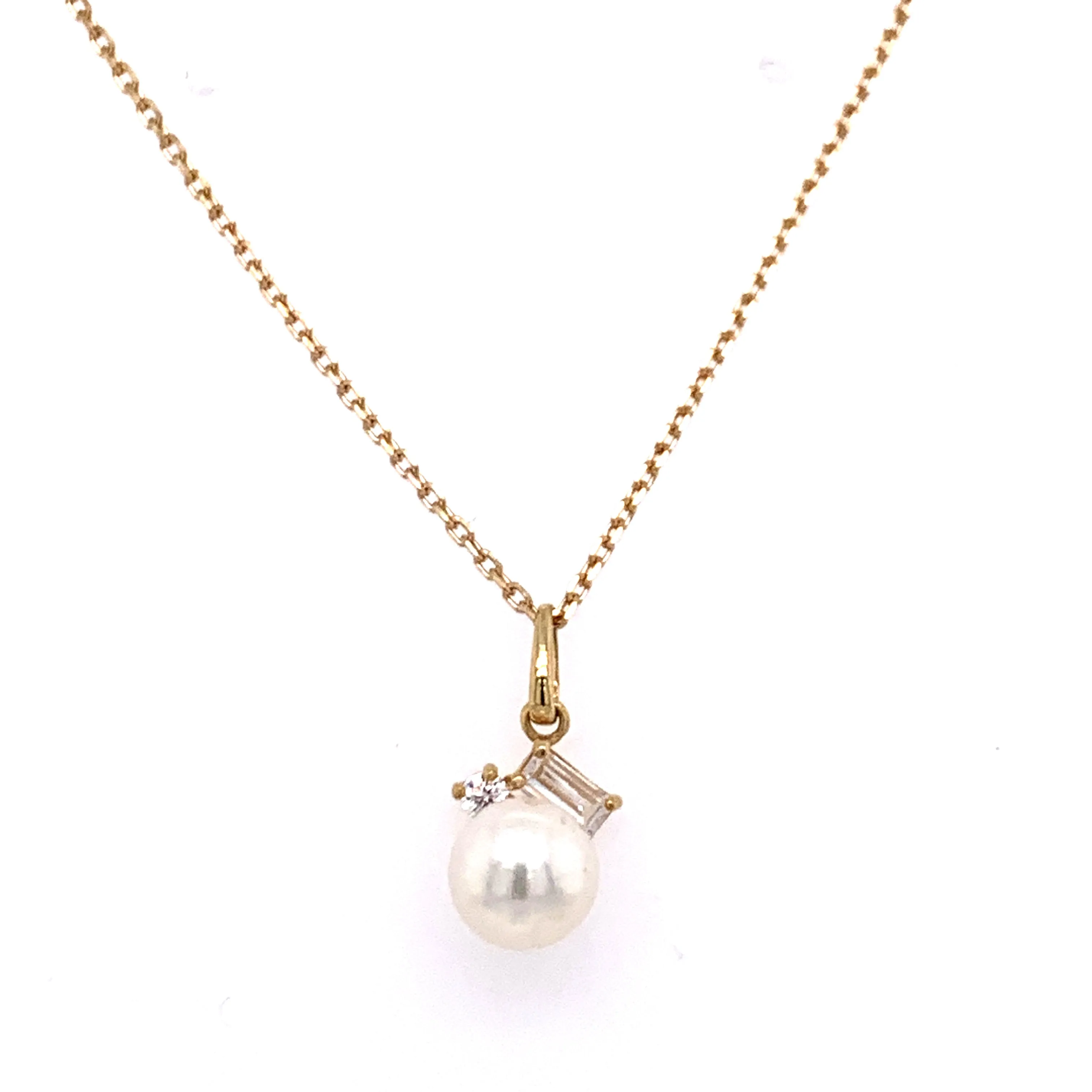 9ct Yellow Gold Dainty Fresh Water Pearl with Accent Baguette & Round Cz
