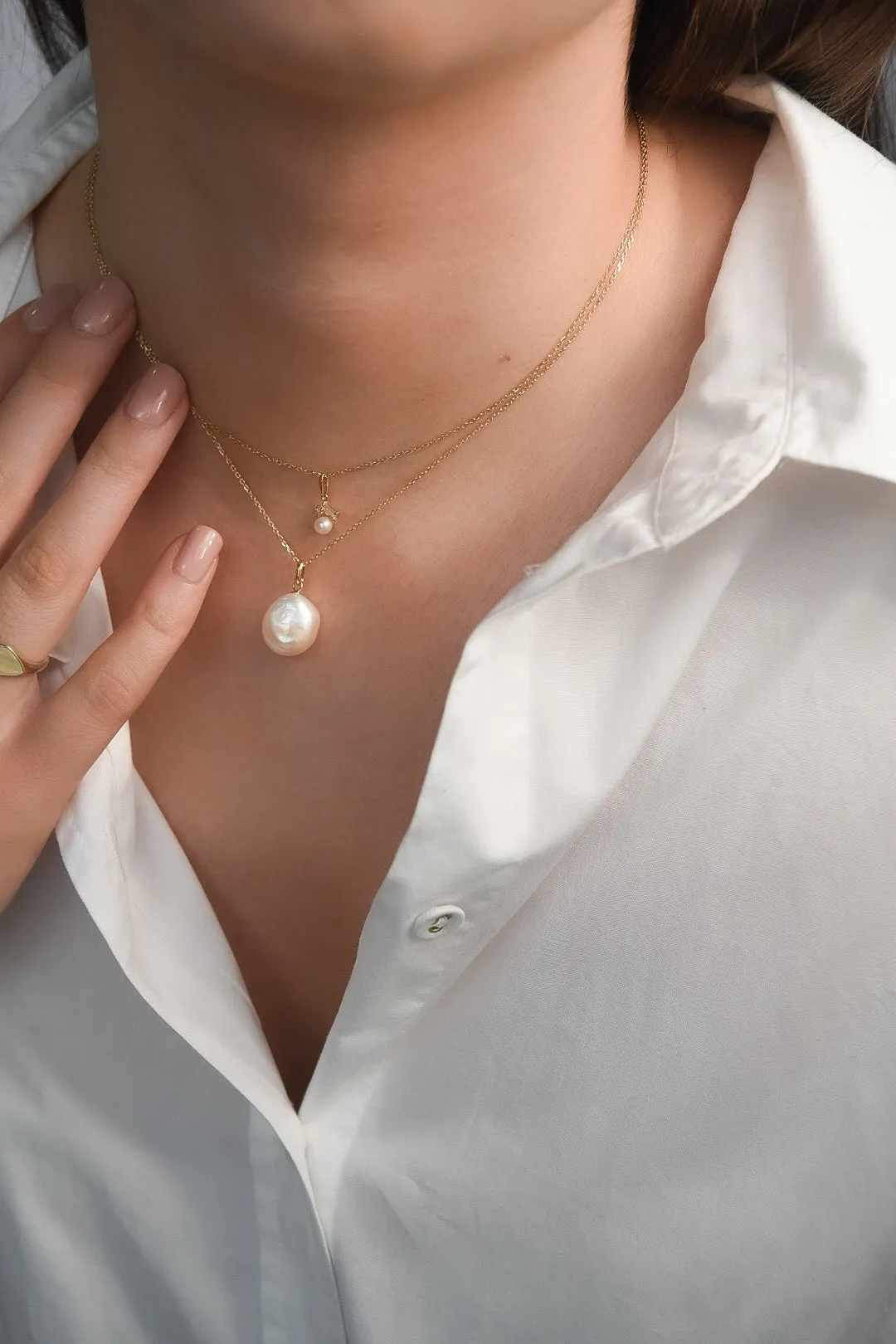 9ct Yellow Gold Dainty Fresh Water Pearl with Accent Baguette & Round Cz