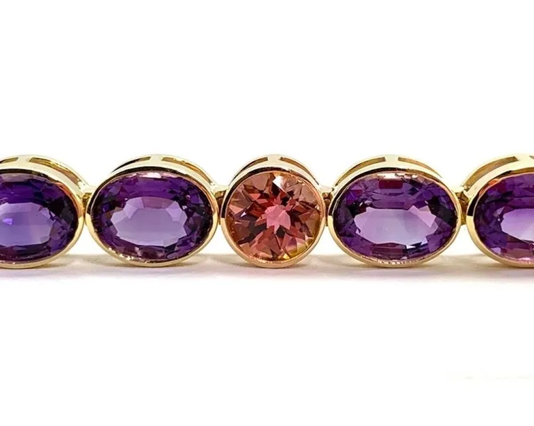 Amethyst and Pink Tourmaline, Yellow and Rose Gold Bezel Set Tennis Bracelet