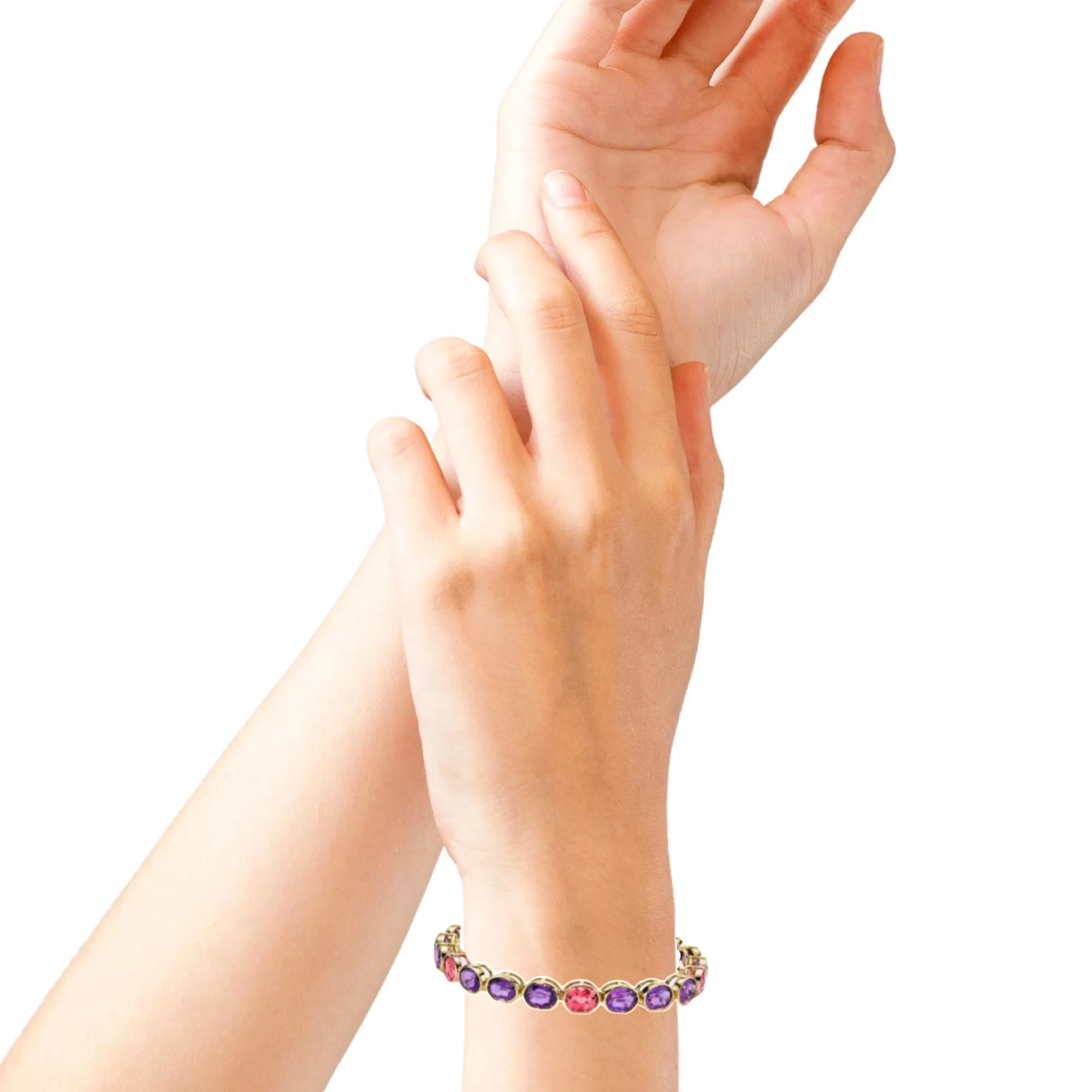 Amethyst and Pink Tourmaline, Yellow and Rose Gold Bezel Set Tennis Bracelet