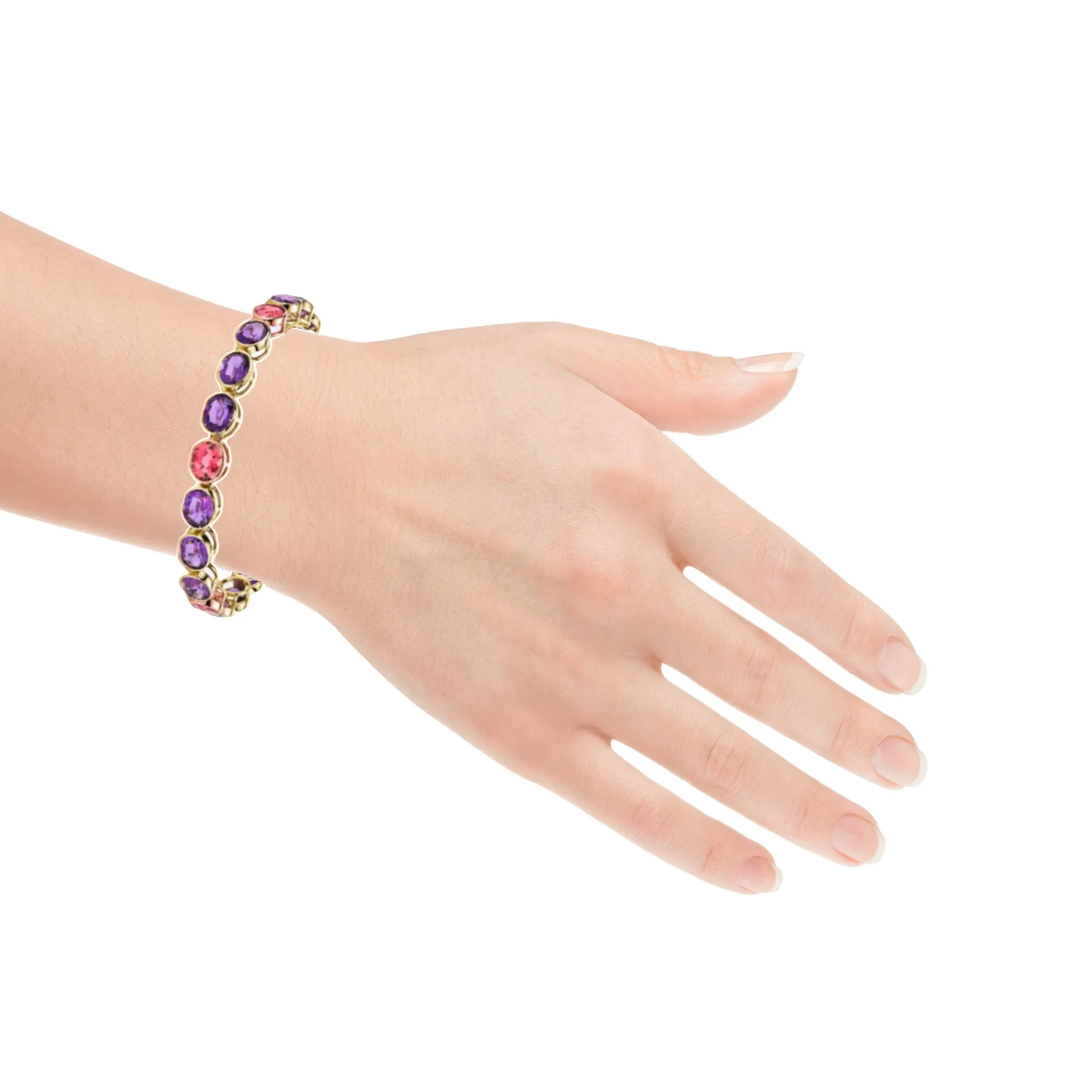 Amethyst and Pink Tourmaline, Yellow and Rose Gold Bezel Set Tennis Bracelet