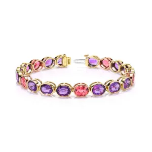 Amethyst and Pink Tourmaline, Yellow and Rose Gold Bezel Set Tennis Bracelet
