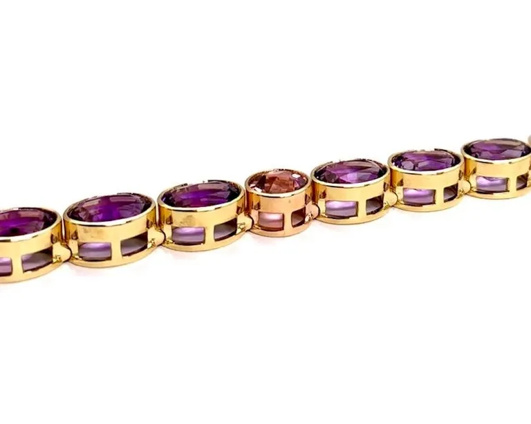 Amethyst and Pink Tourmaline, Yellow and Rose Gold Bezel Set Tennis Bracelet