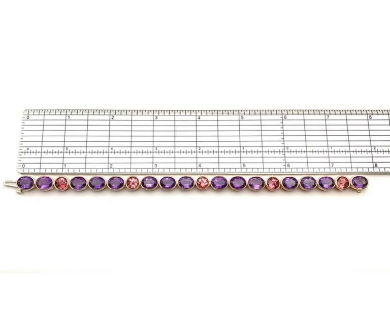 Amethyst and Pink Tourmaline, Yellow and Rose Gold Bezel Set Tennis Bracelet