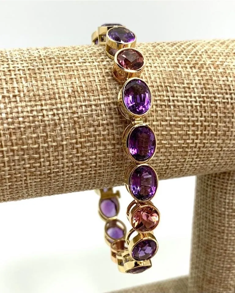 Amethyst and Pink Tourmaline, Yellow and Rose Gold Bezel Set Tennis Bracelet