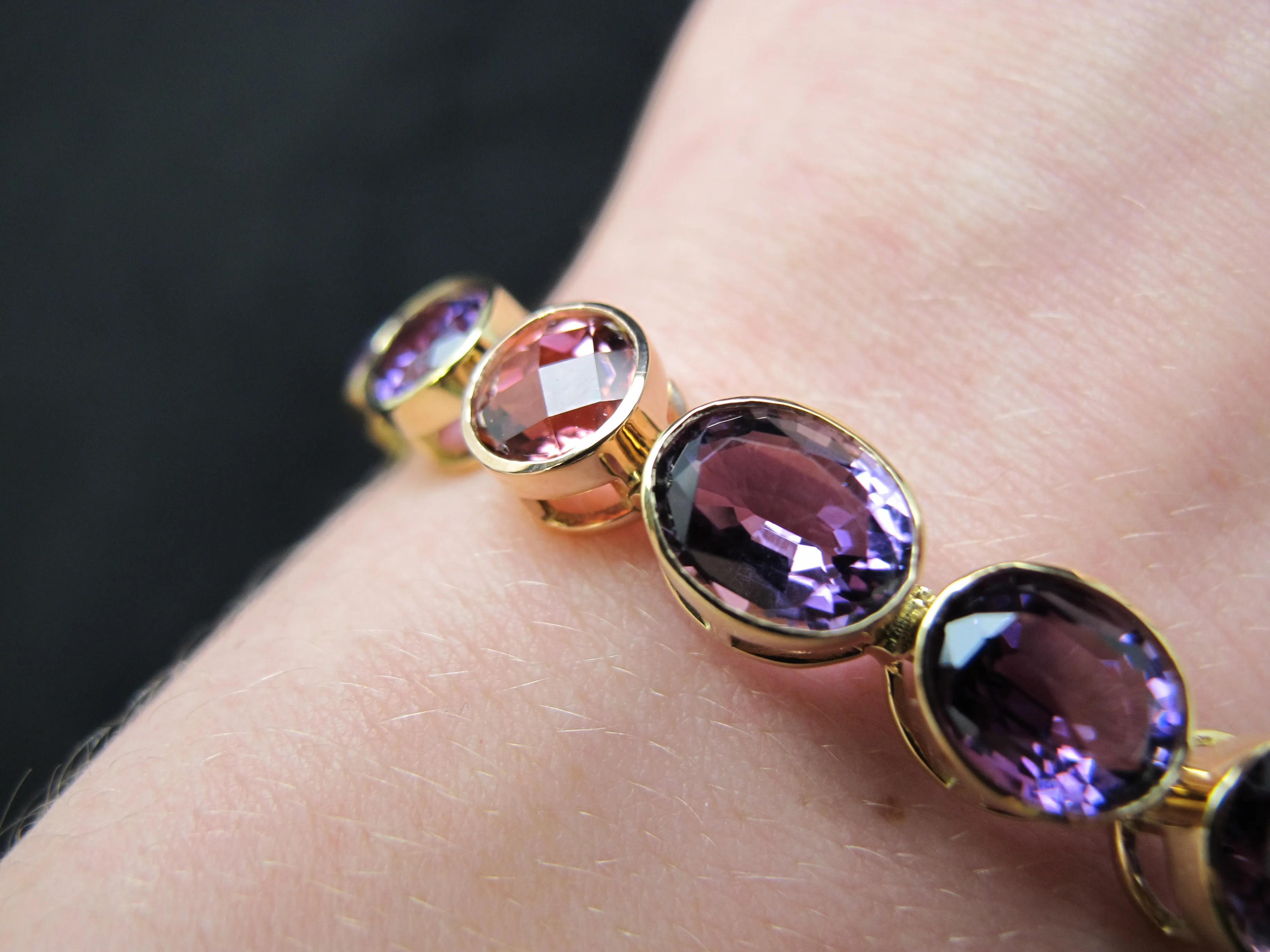 Amethyst and Pink Tourmaline, Yellow and Rose Gold Bezel Set Tennis Bracelet