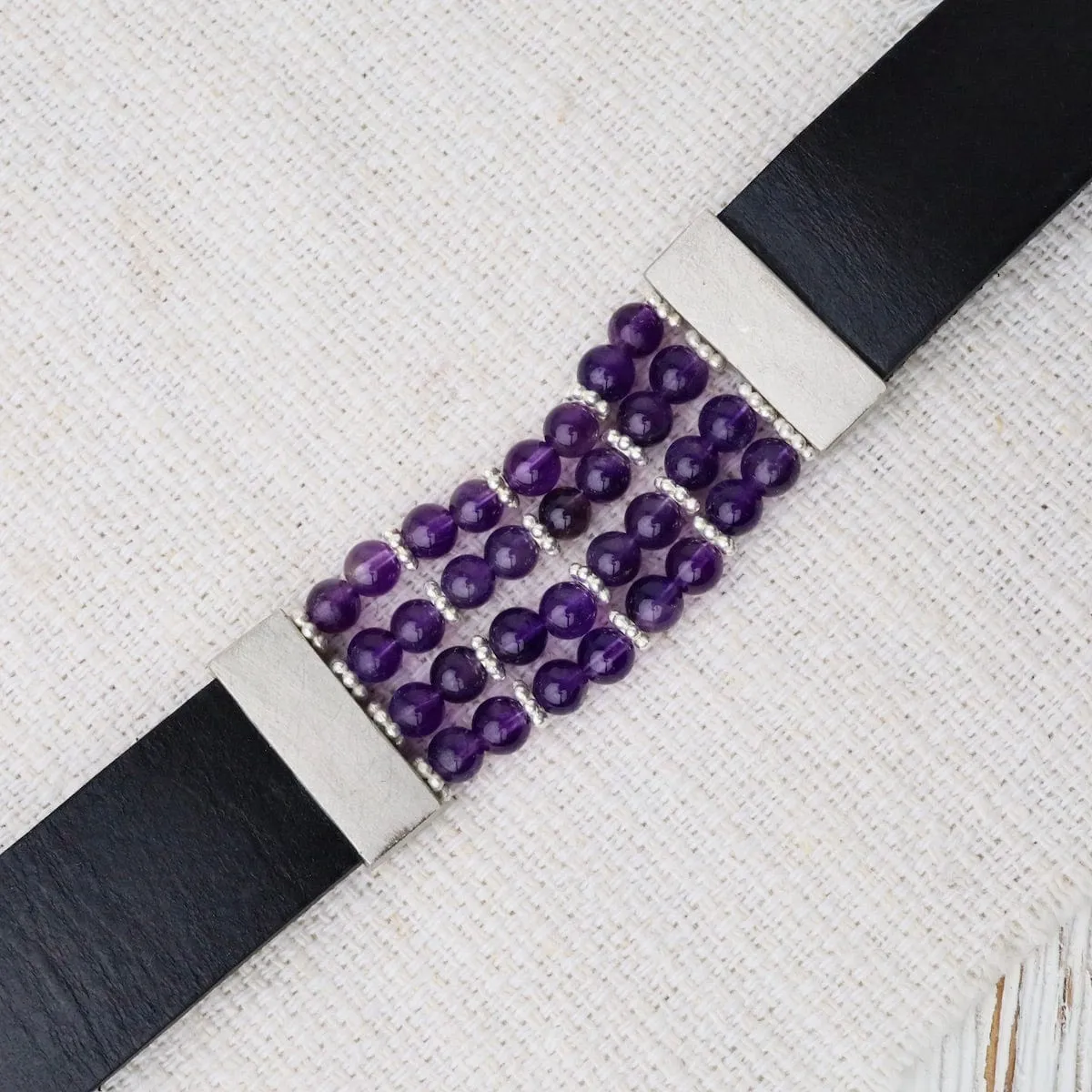 Amethyst Black Leather Bracelet
