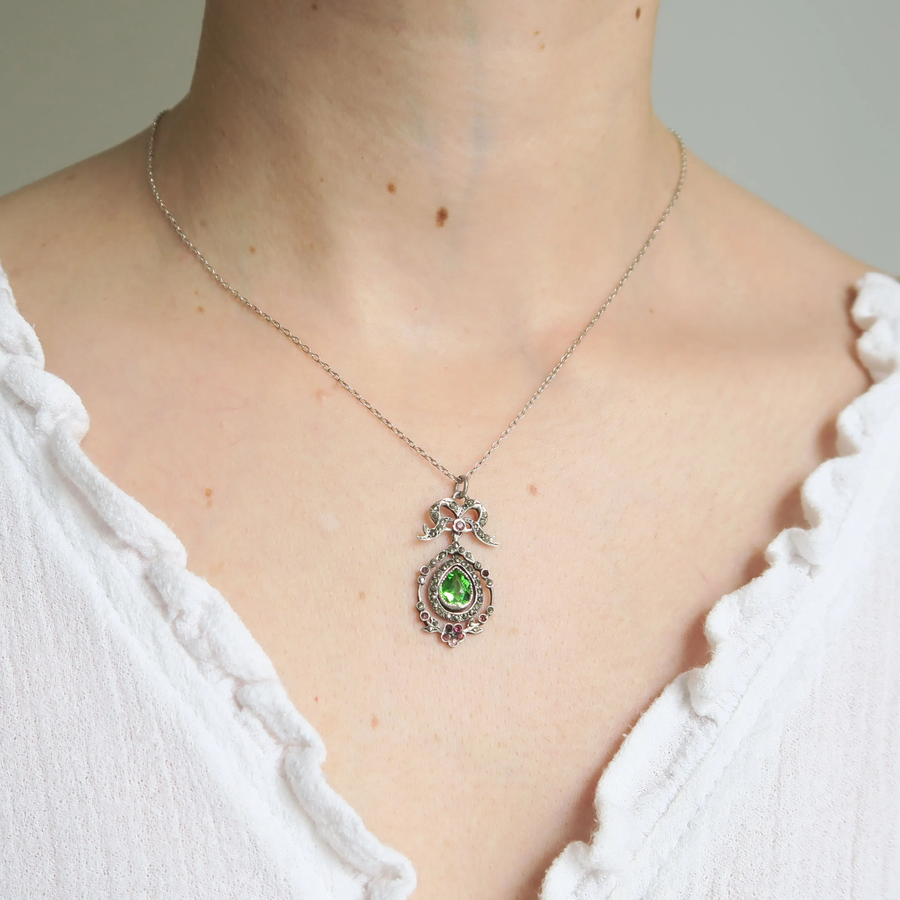 Antique Edwardian Silver Floral Bow Paste Pendant