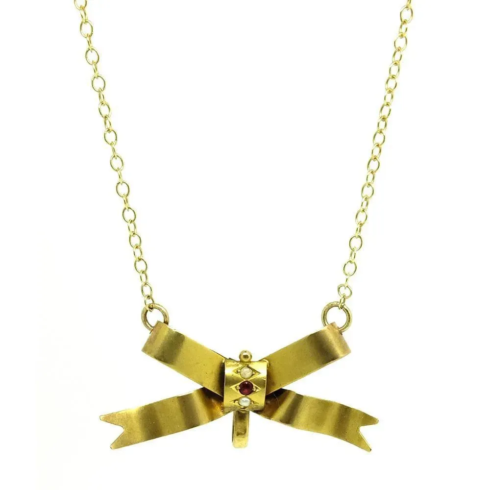 Antique Victorian Ruby Seed Pearl 9ct Yellow Gold Bow Gemstone Necklace