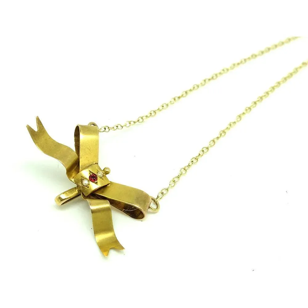 Antique Victorian Ruby Seed Pearl 9ct Yellow Gold Bow Gemstone Necklace