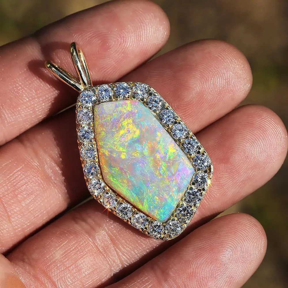 Australian Opal & Diamond Pendant 14K 14.45ctw Certified