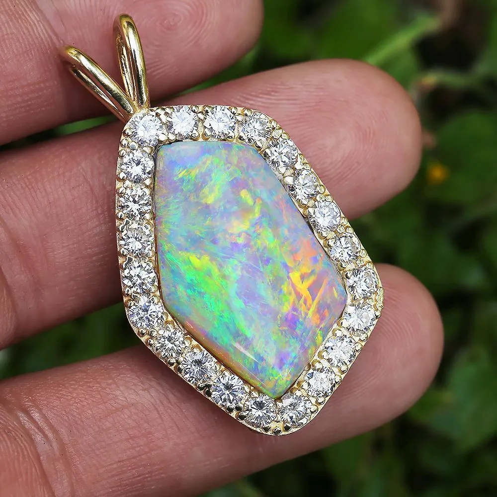 Australian Opal & Diamond Pendant 14K 14.45ctw Certified