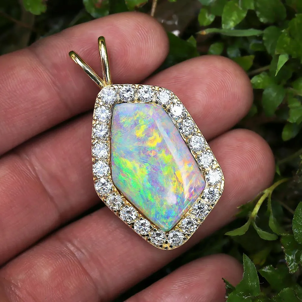 Australian Opal & Diamond Pendant 14K 14.45ctw Certified