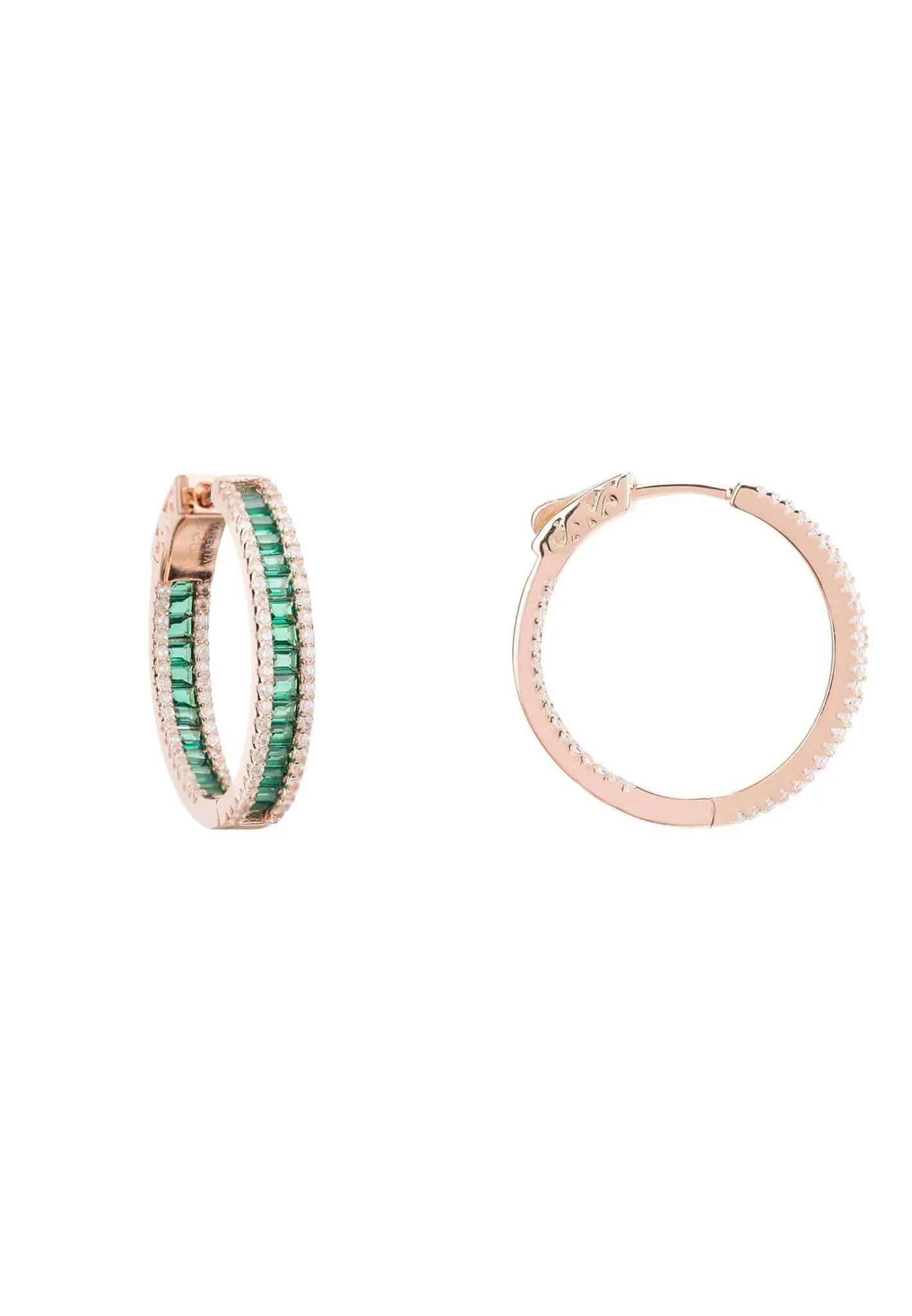 Baguette Hoop Earrings Medium Rosegold Emerald Green