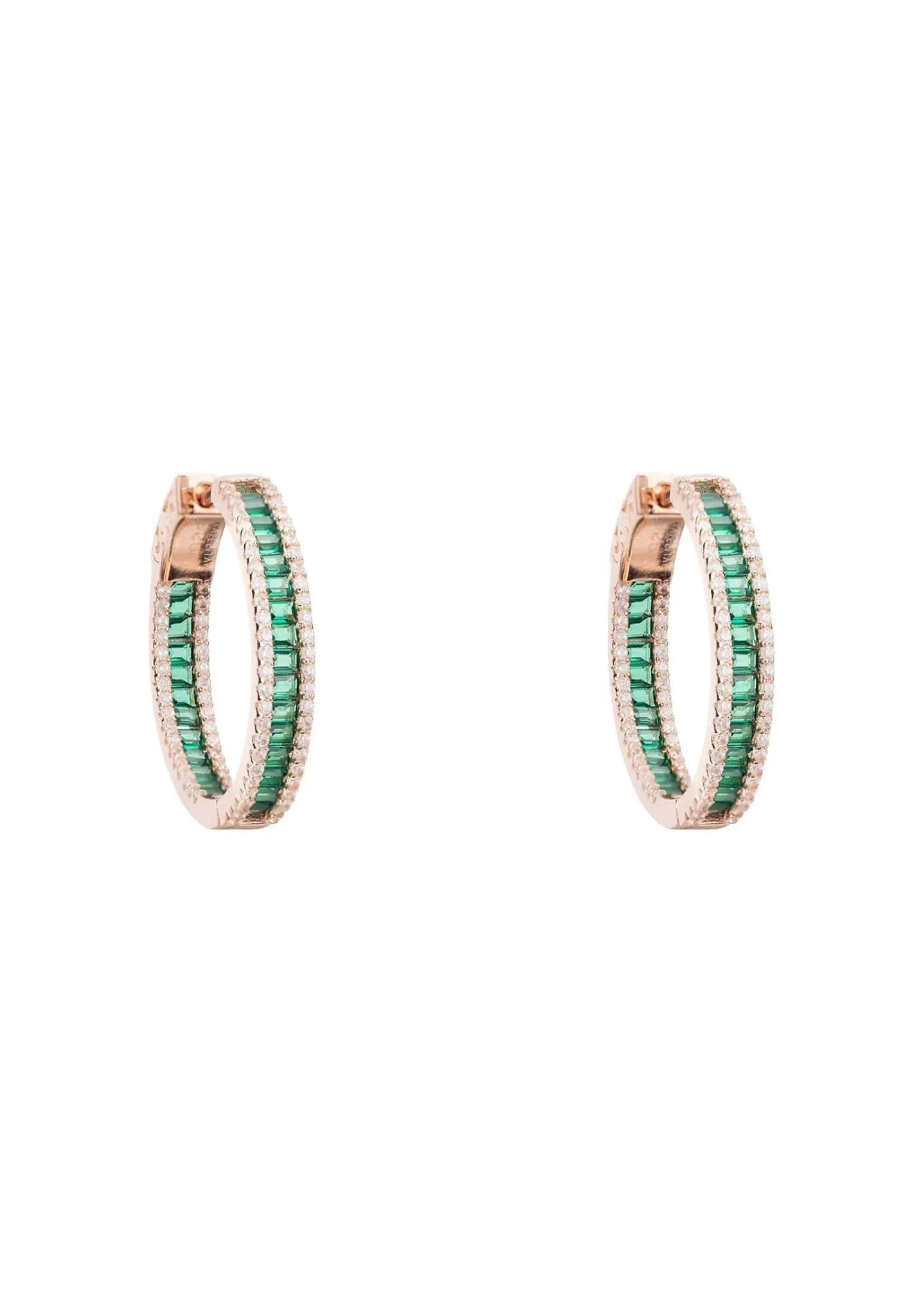 Baguette Hoop Earrings Medium Rosegold Emerald Green