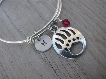 Bear Paw Charm Bracelet -Adjustable Bangle Bracelet with an Initial Charm and an Accent Bead of your choice