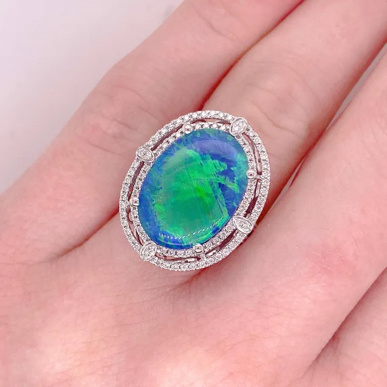 Black Opal Double Diamond Halo Ring