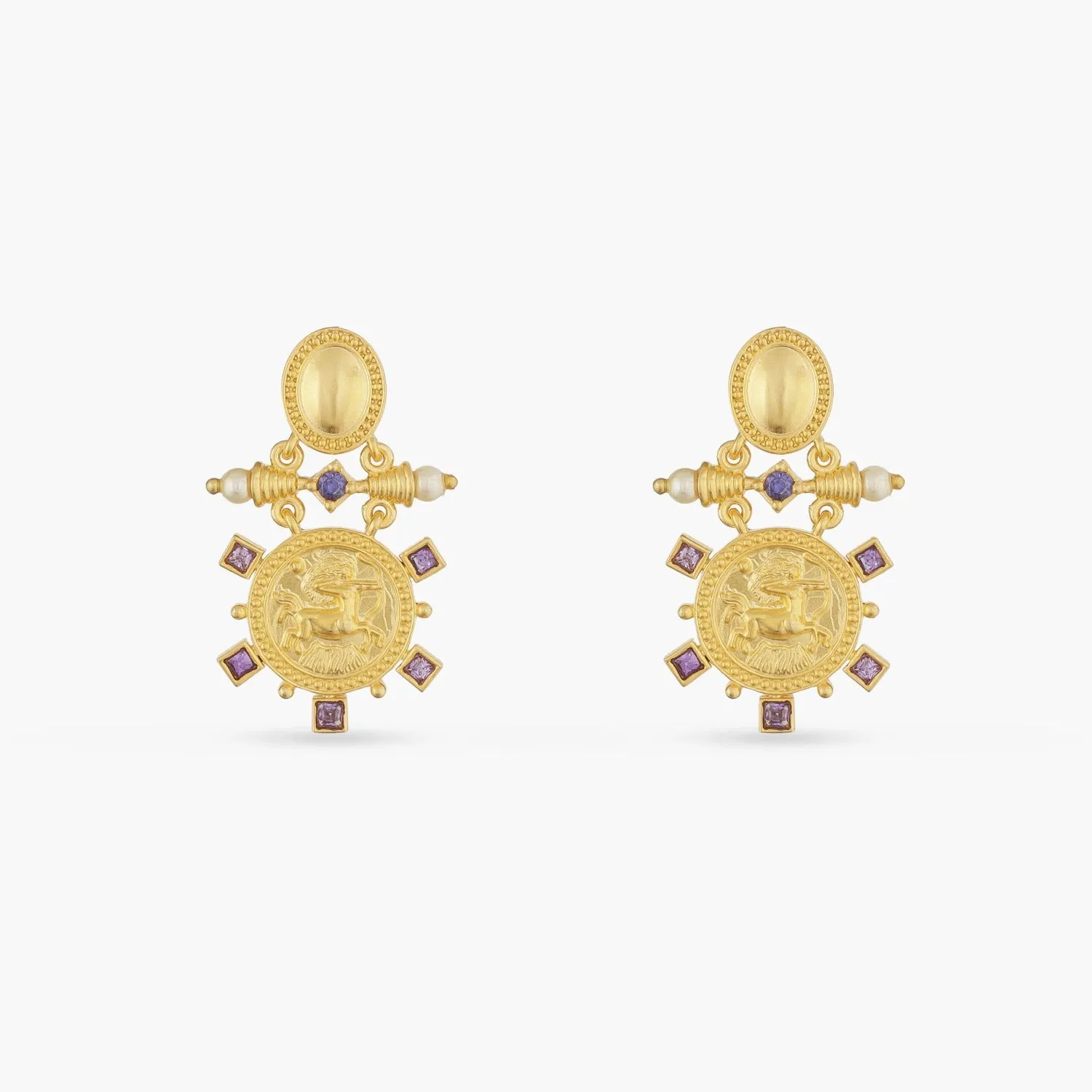 Blue Zircon Sagittarius Zodiac Gold Plated Silver Earrings